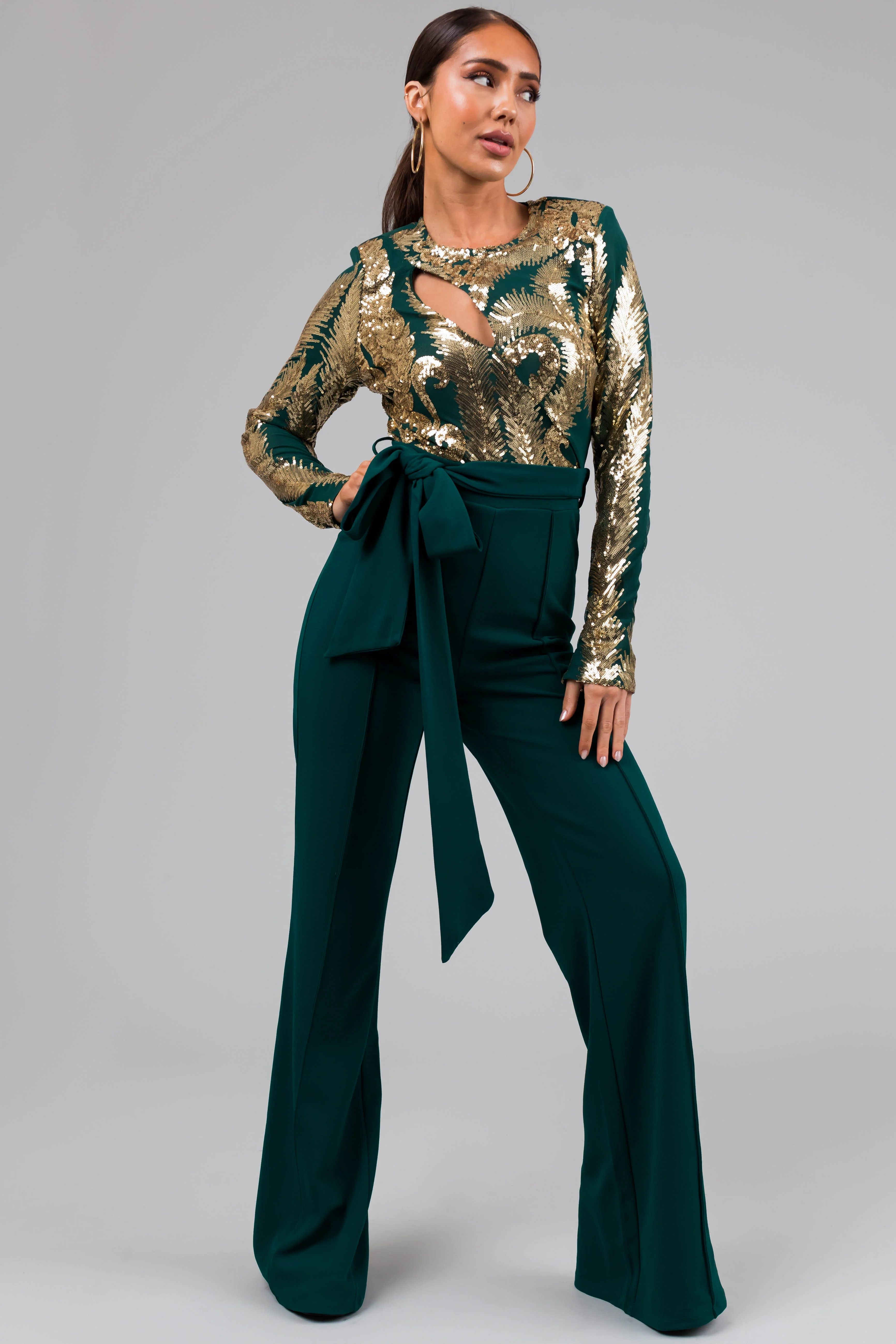 Hunter Green and Gold Sequin Print Jumpsuit - LD SALE