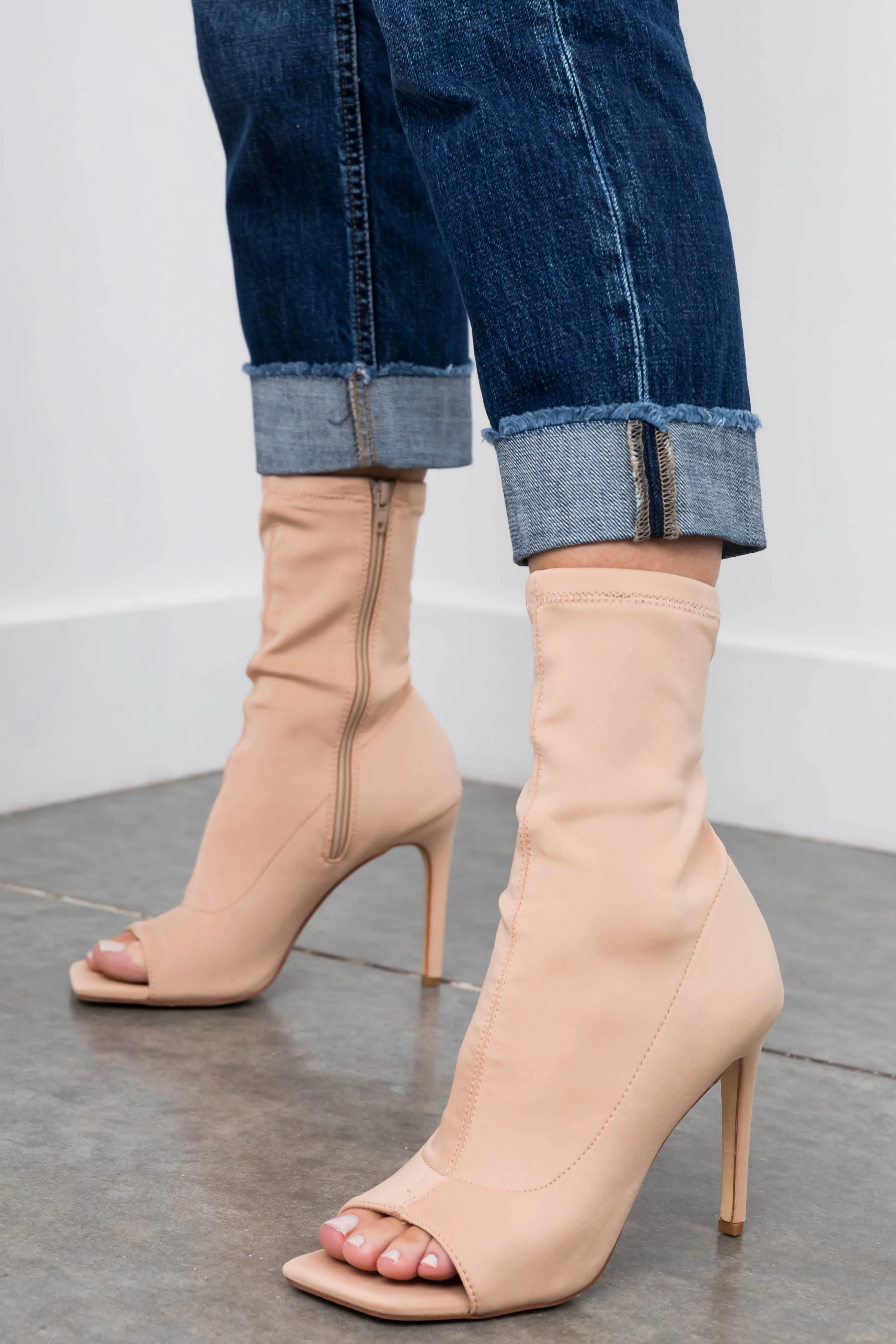 Nude Open Toe Stretchy Knit Stiletto Booties - LD SALE
