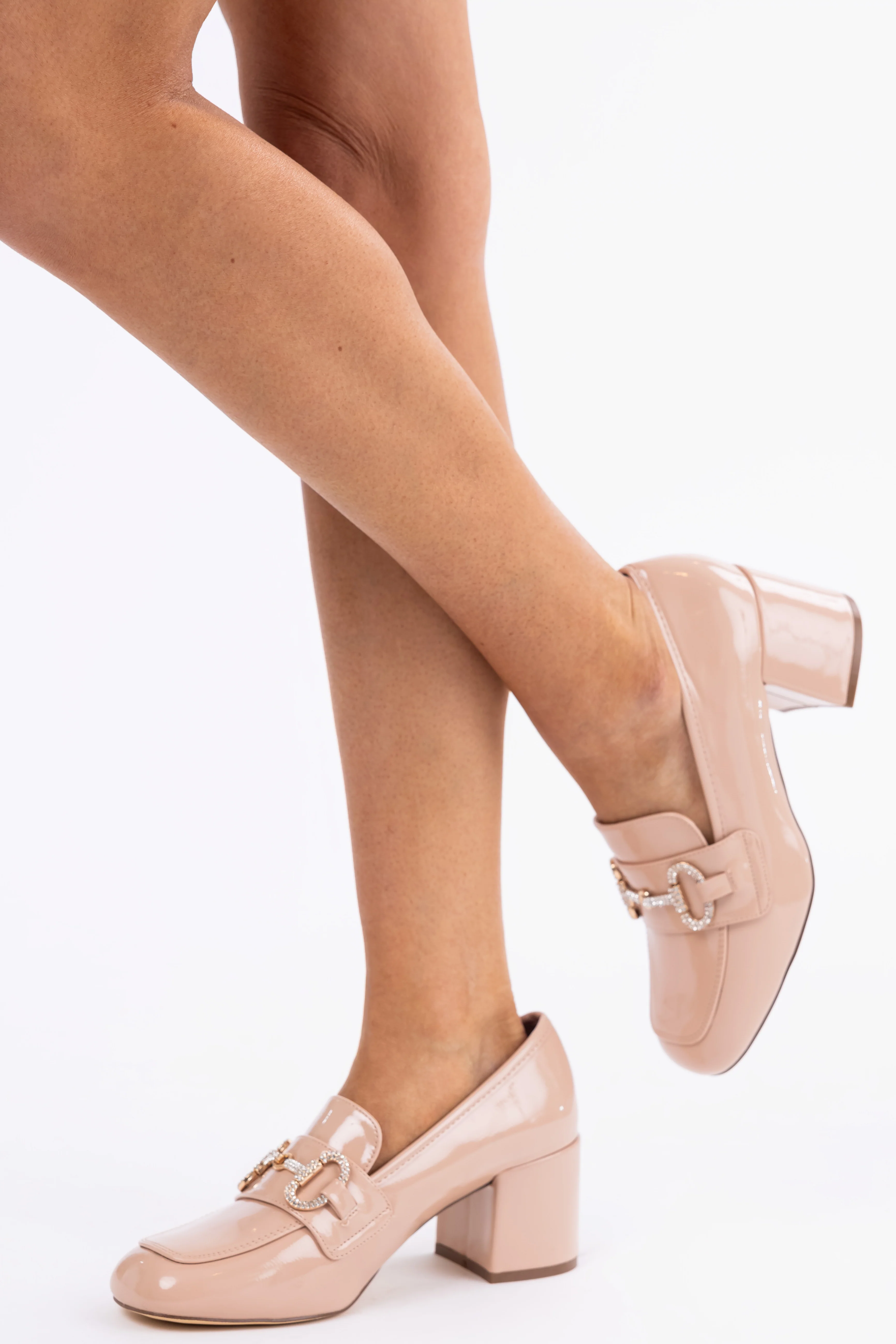 Nude Shiny Leather Block Heel Loafers - LD SALE