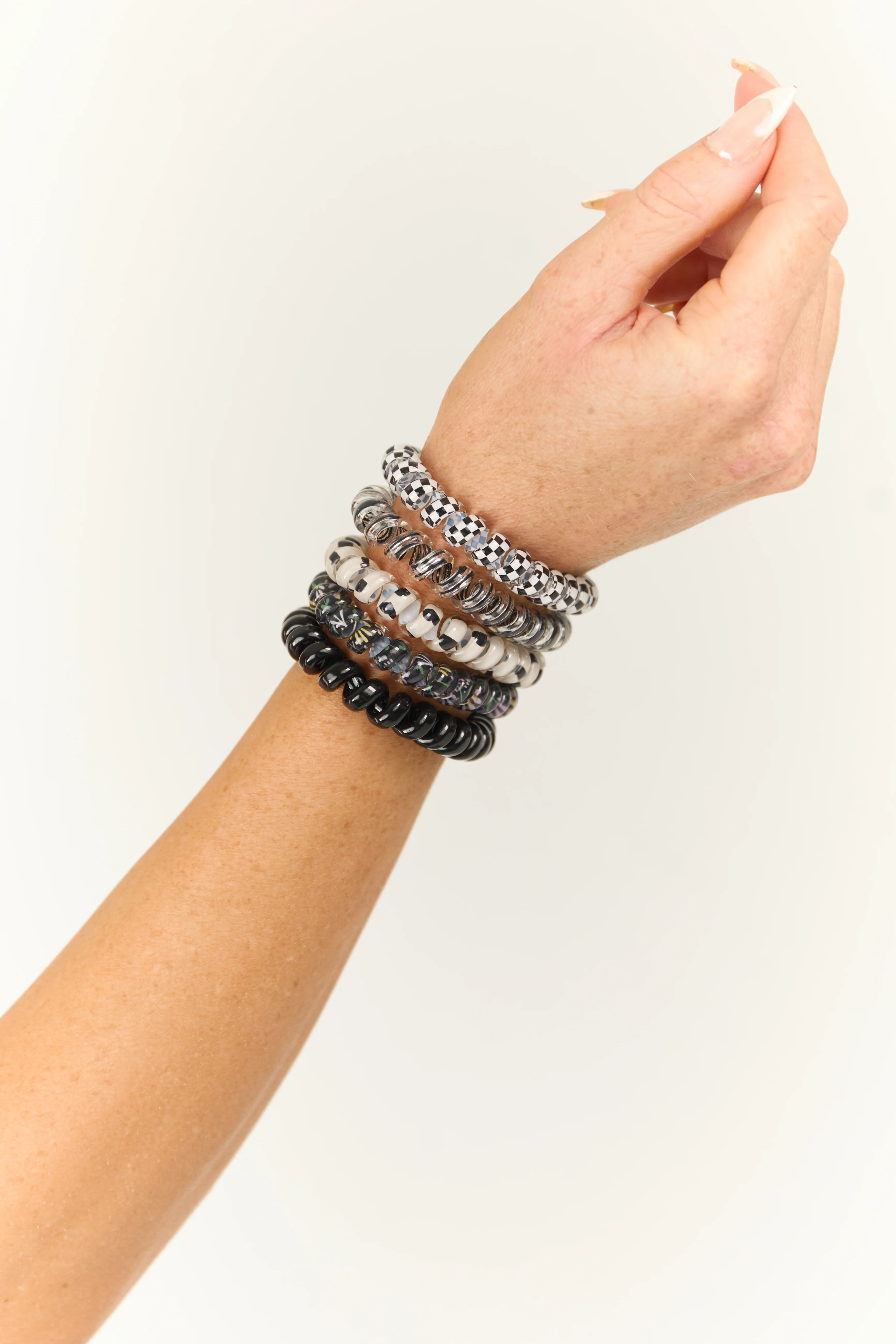 Black Mix Print Elastic Coil Scrunchie 5 Piece Set - LD SALE