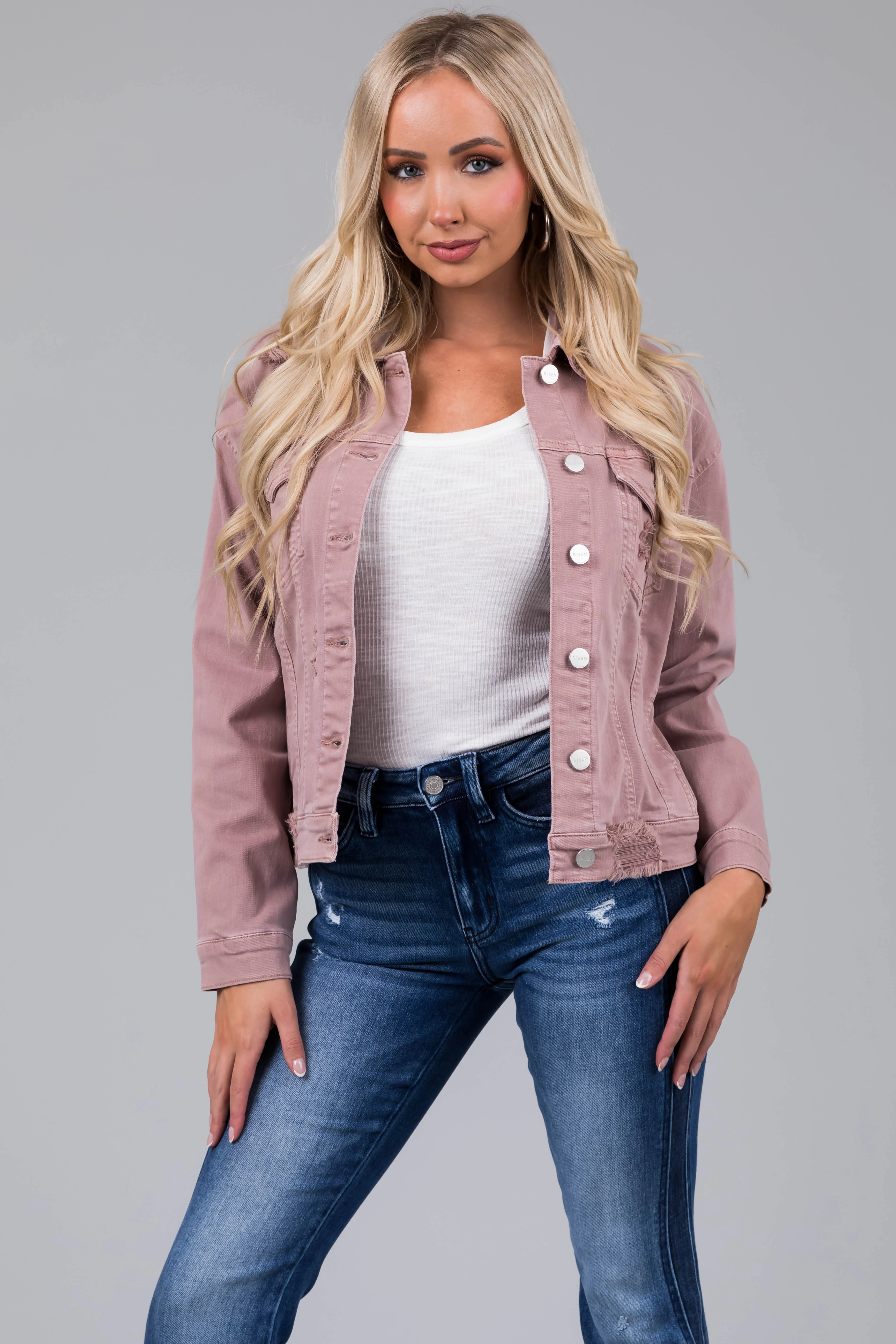 Risen Mauve Denim Distressed Button Up Jacket - LD SALE