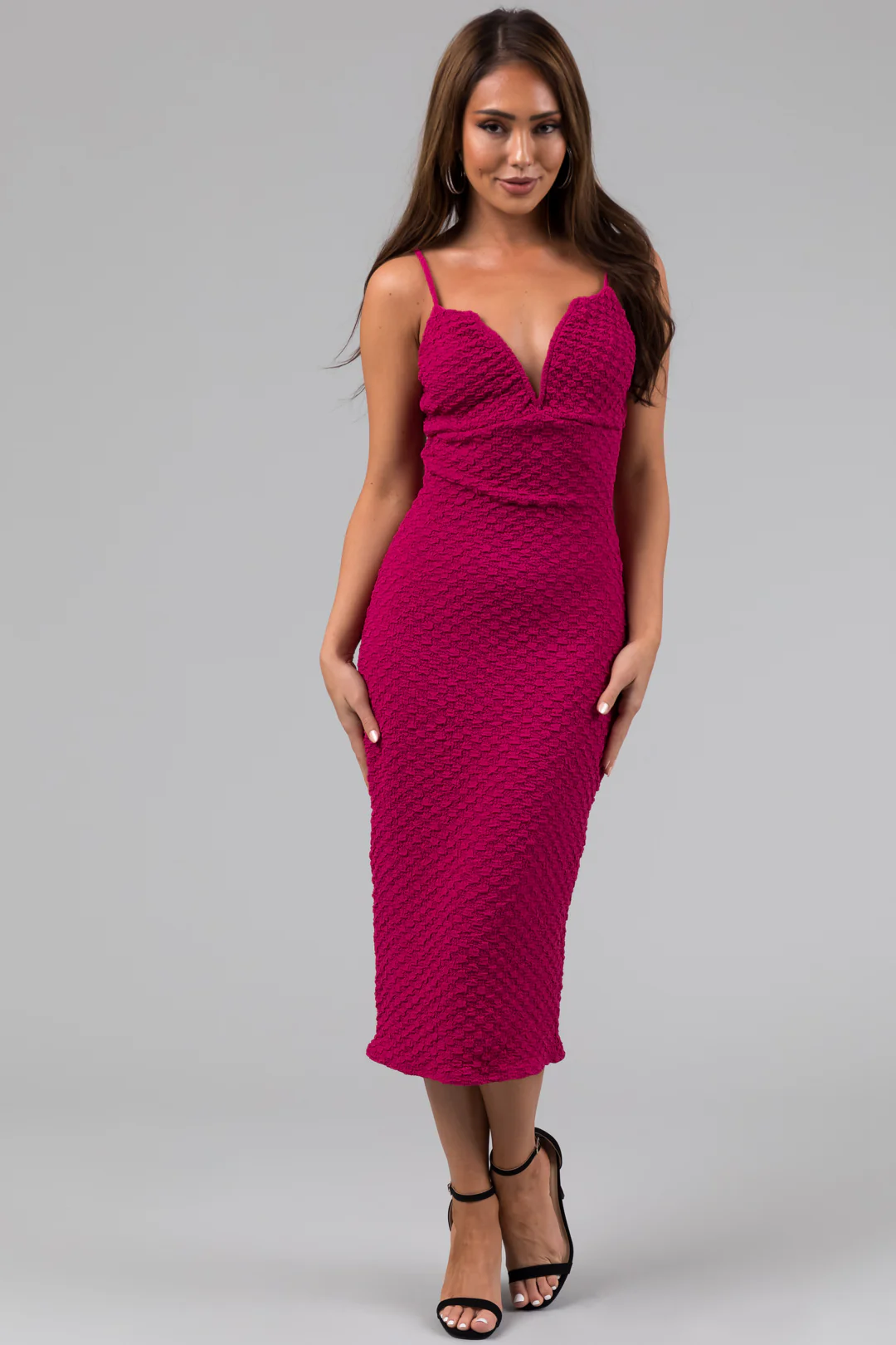 Magenta Textured Deep Sweetheart Neck Midi Dress - LD SALE