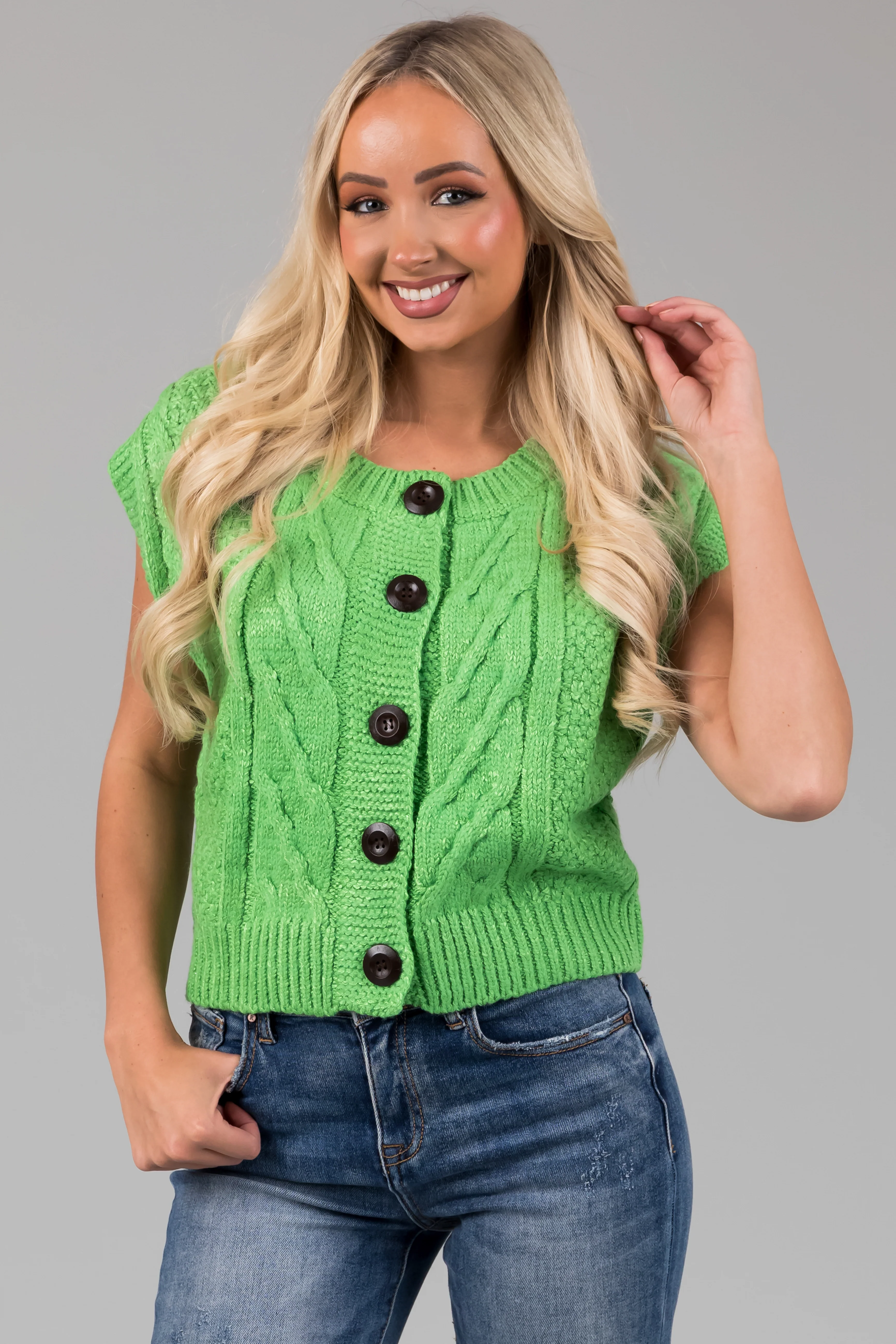 Lime Thick Cable Knit Button Sweater Vest - LD SALE