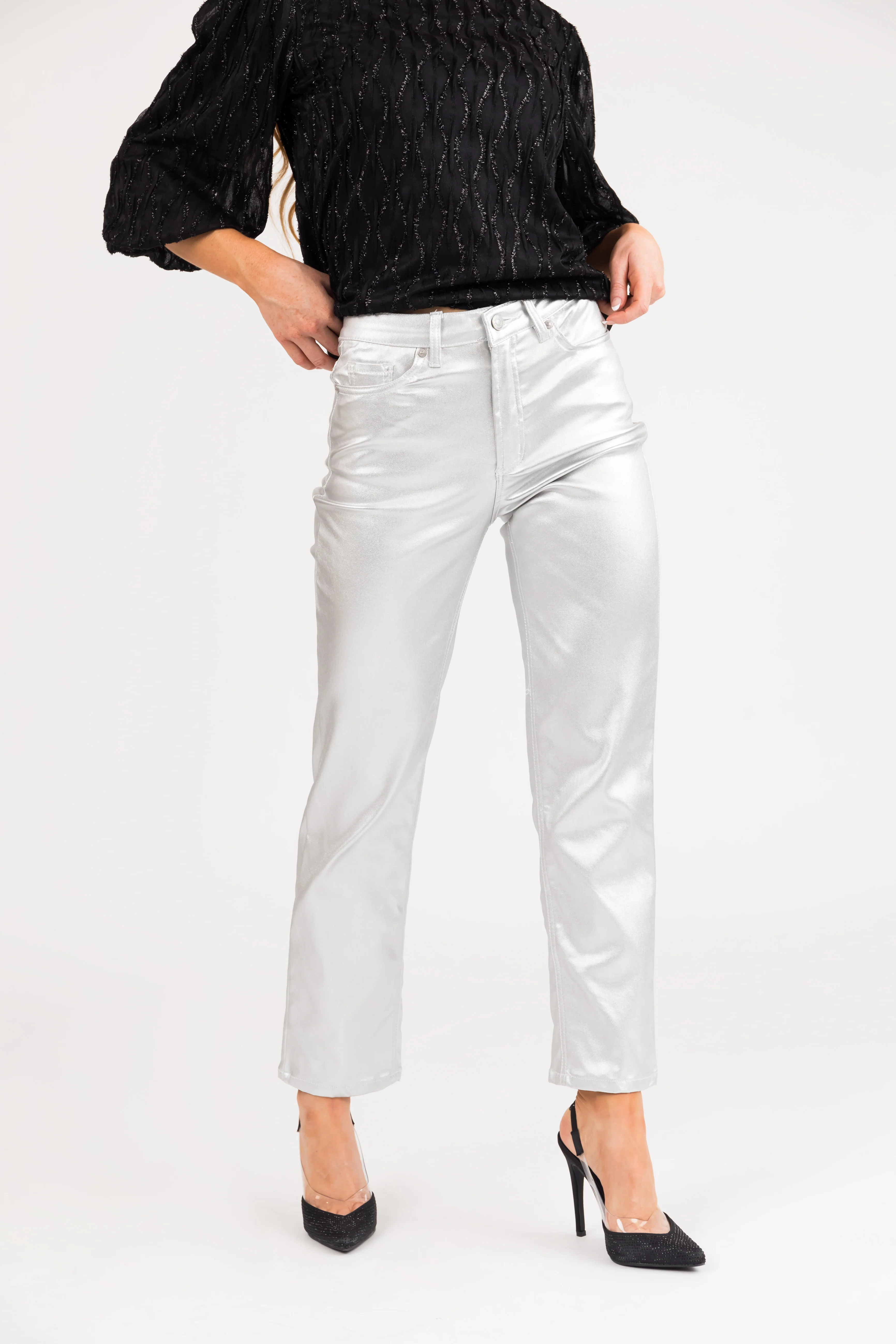 Silver Shiny Pleather High Rise Straight Leg Pants - LD SALE