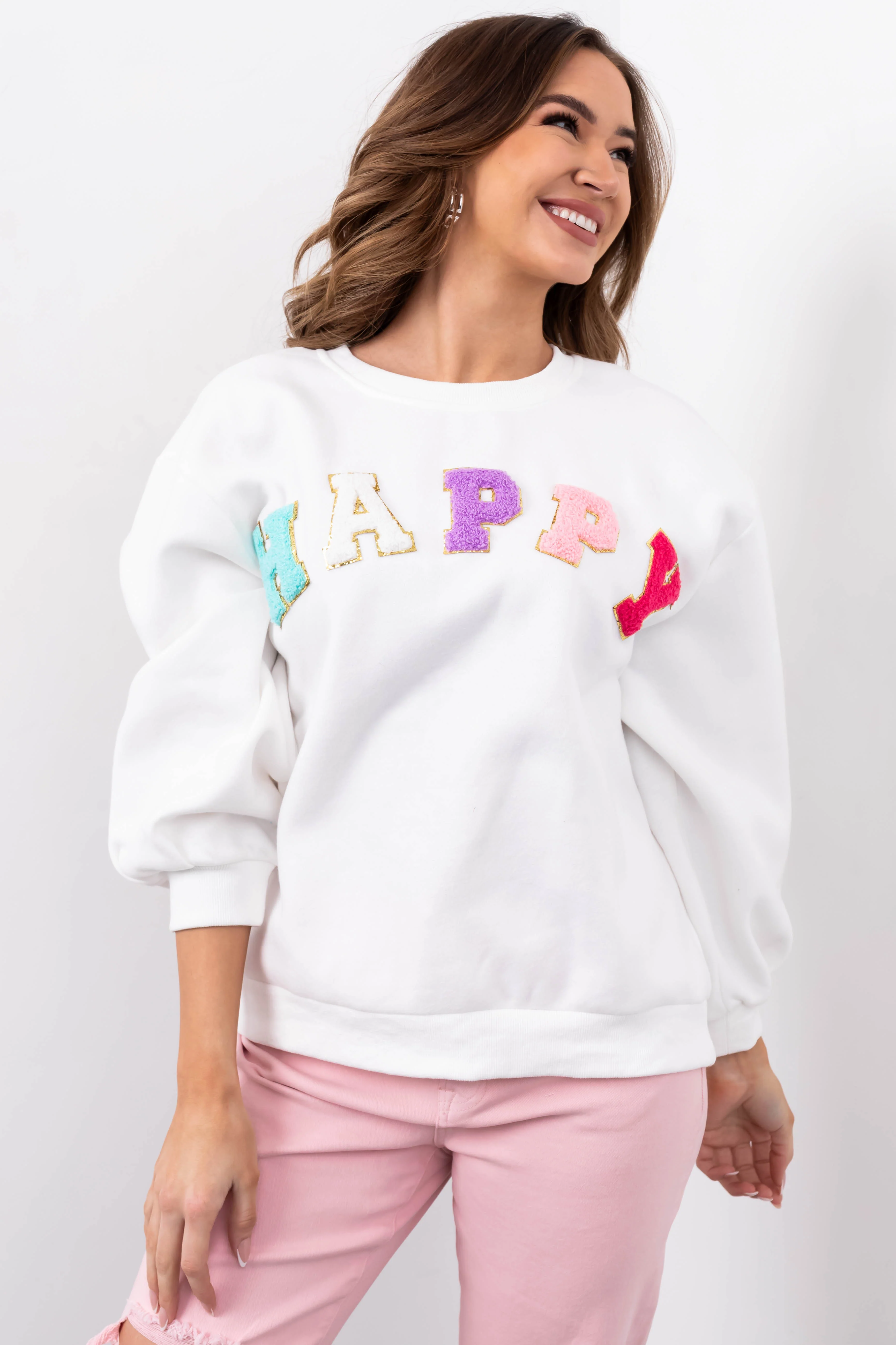 She+Sky Off White 'Happy' Sherpa Patch Sweatshirt - LD SALE
