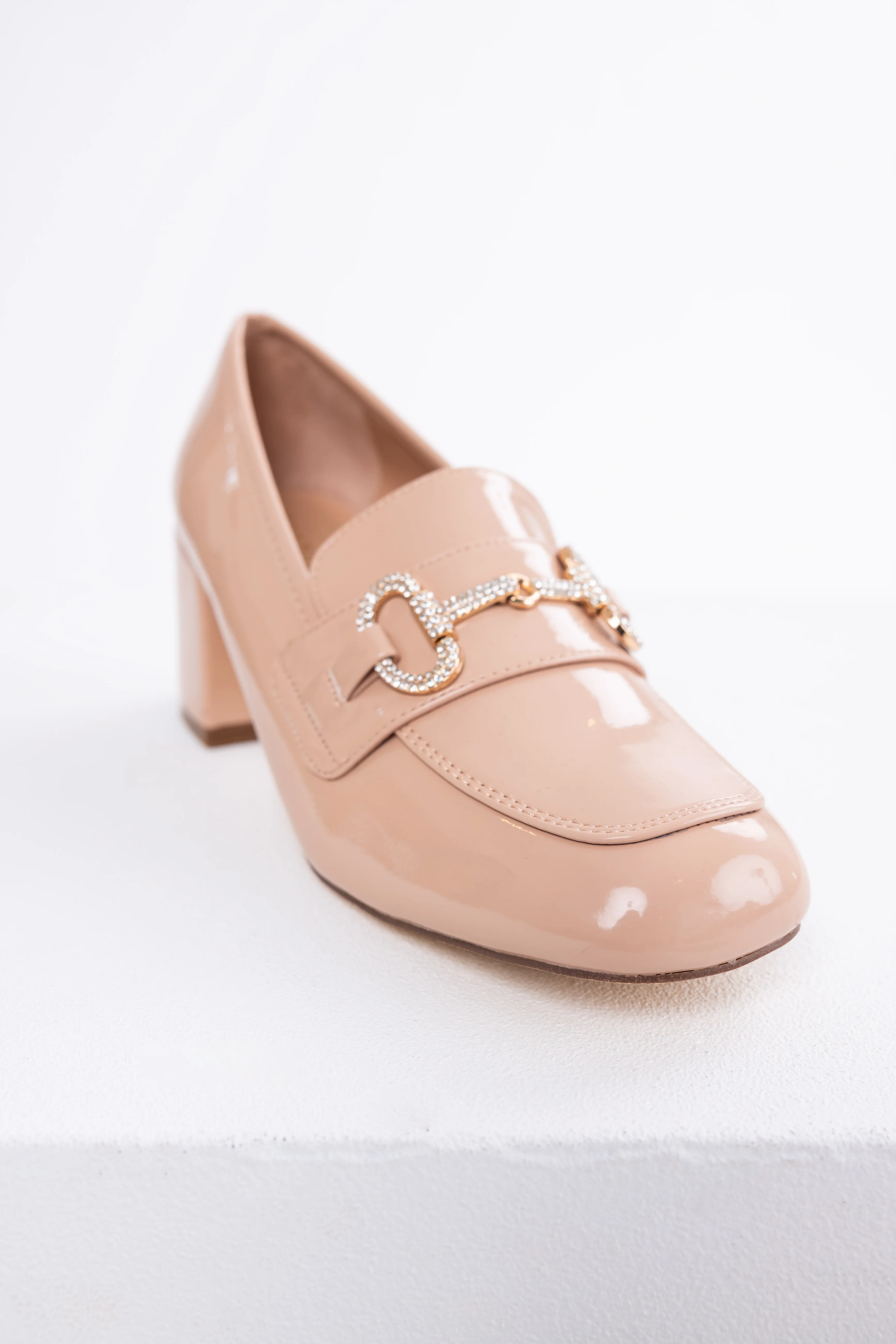 Nude Shiny Leather Block Heel Loafers - LD SALE