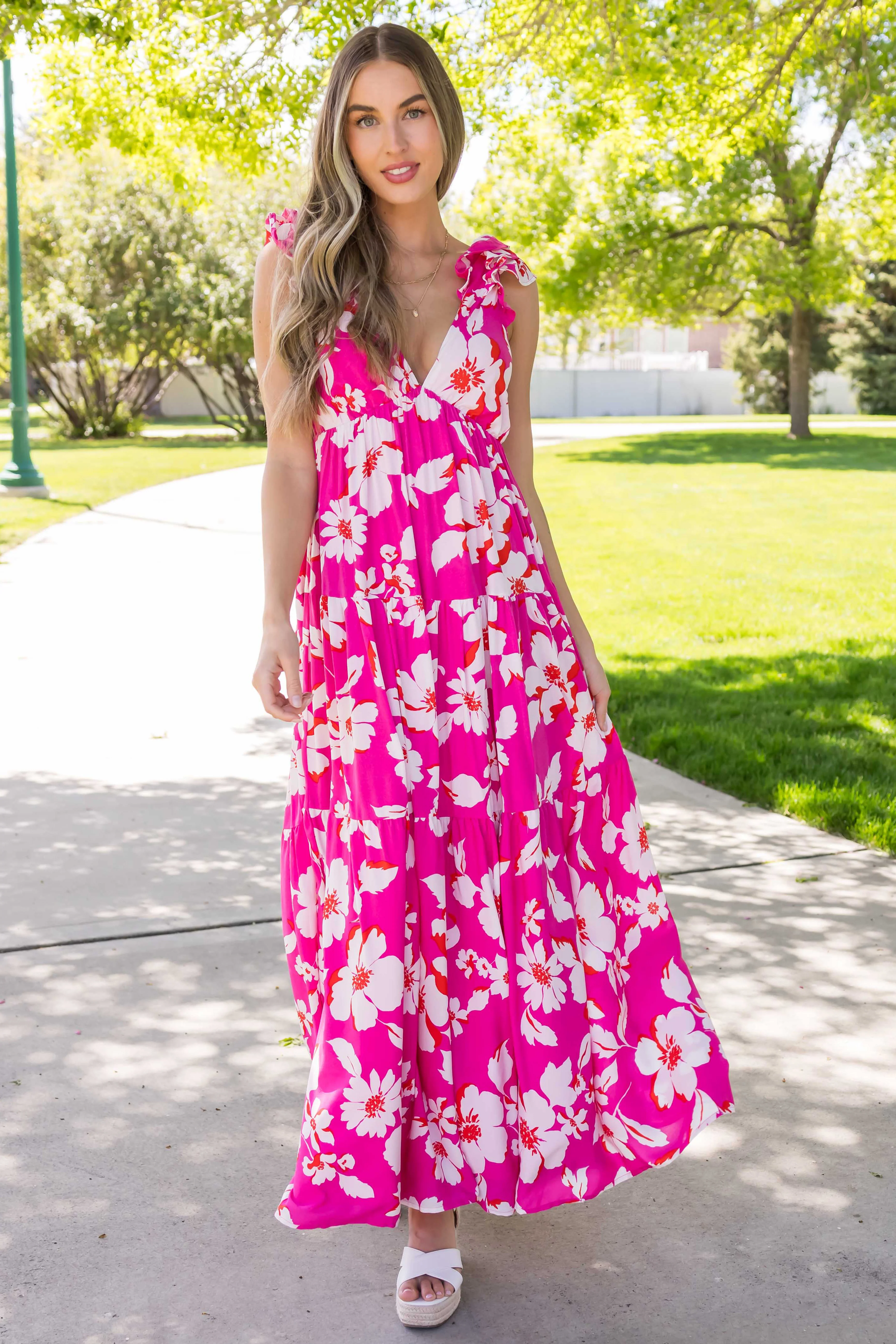 Magenta Floral Print Open Back Maxi Dress - LD SALE