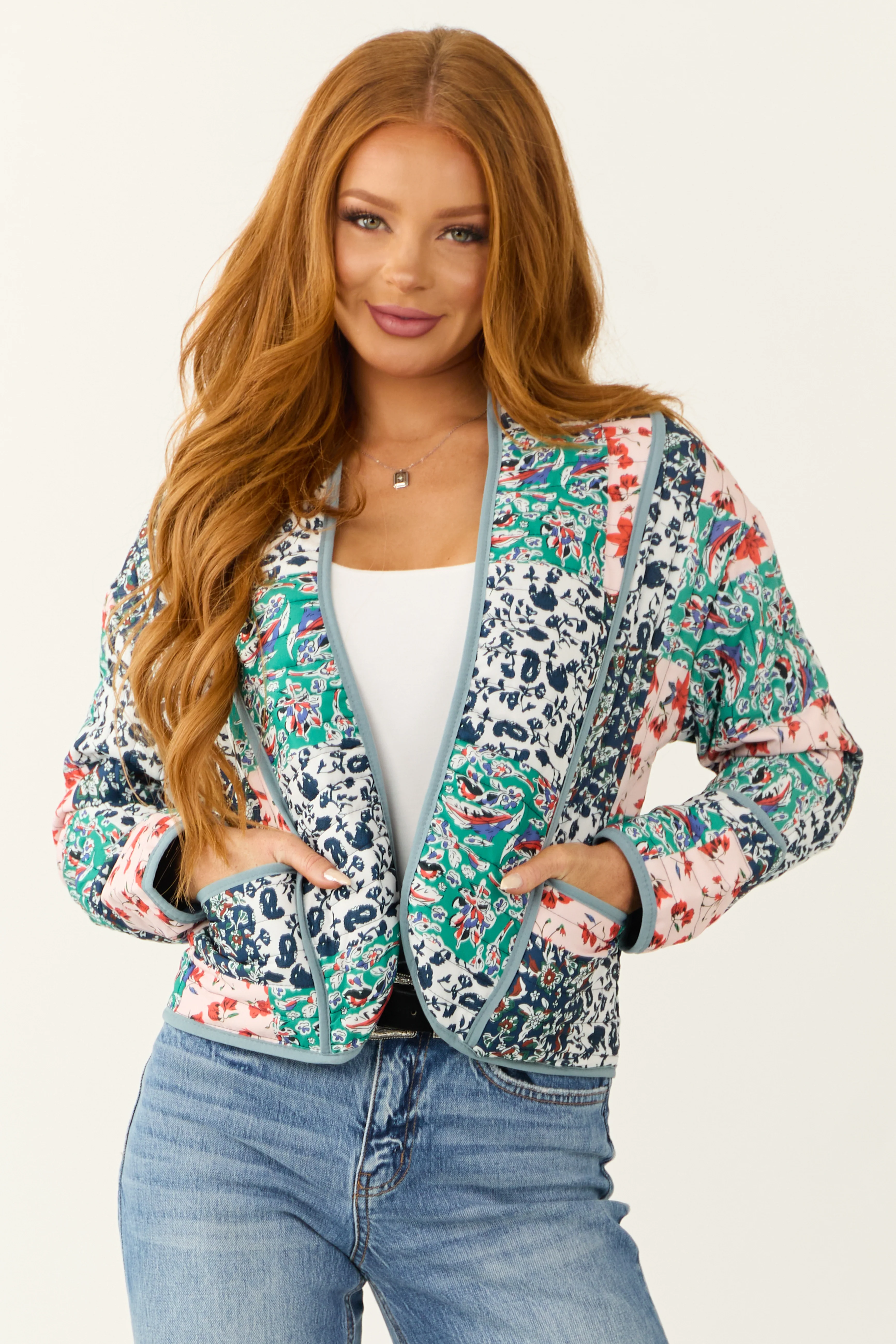 Slate Blue Floral Multiprint Quilted Jacket - LD SALE
