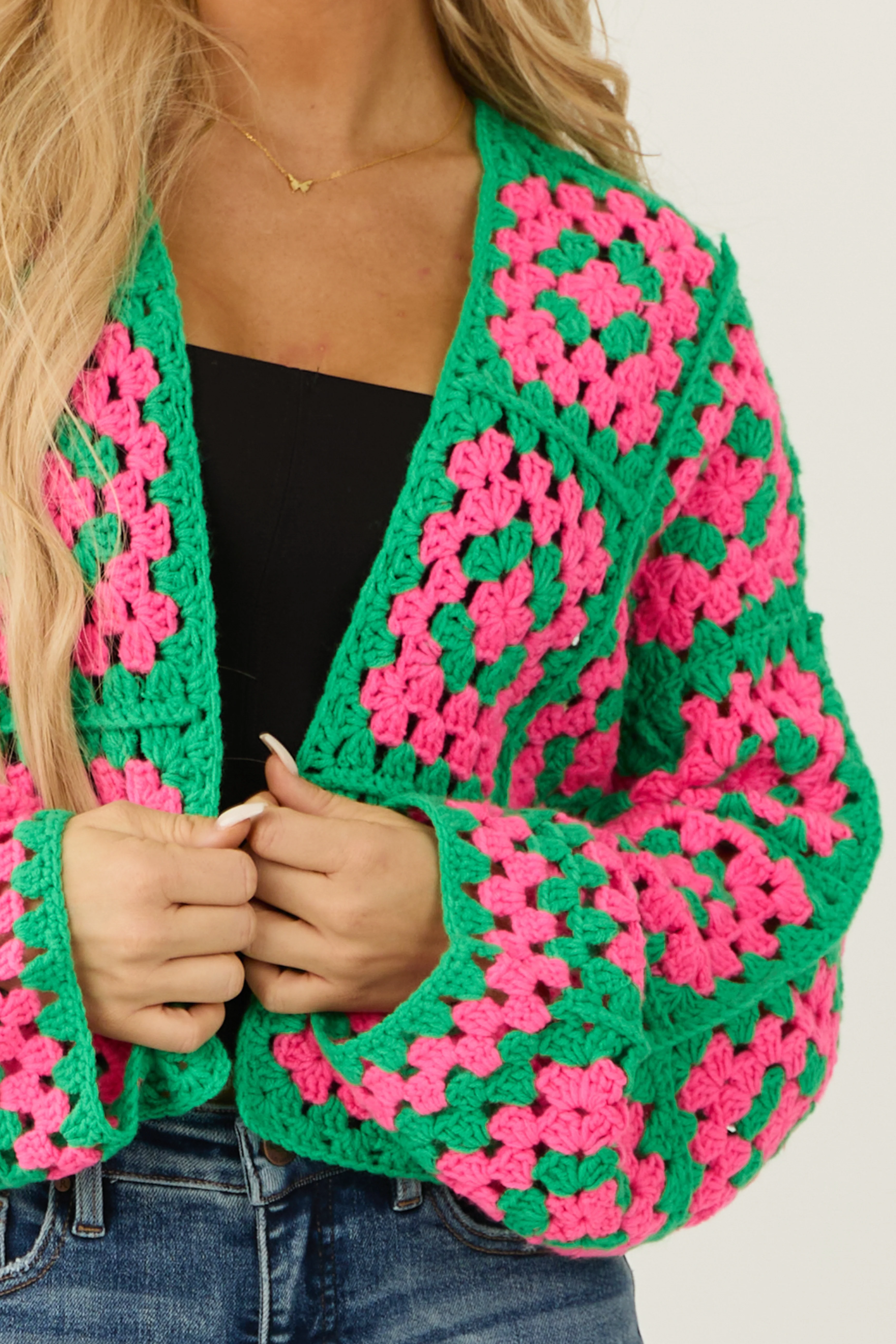 Jade Granny Square Crochet Open Cardigan - LD SALE