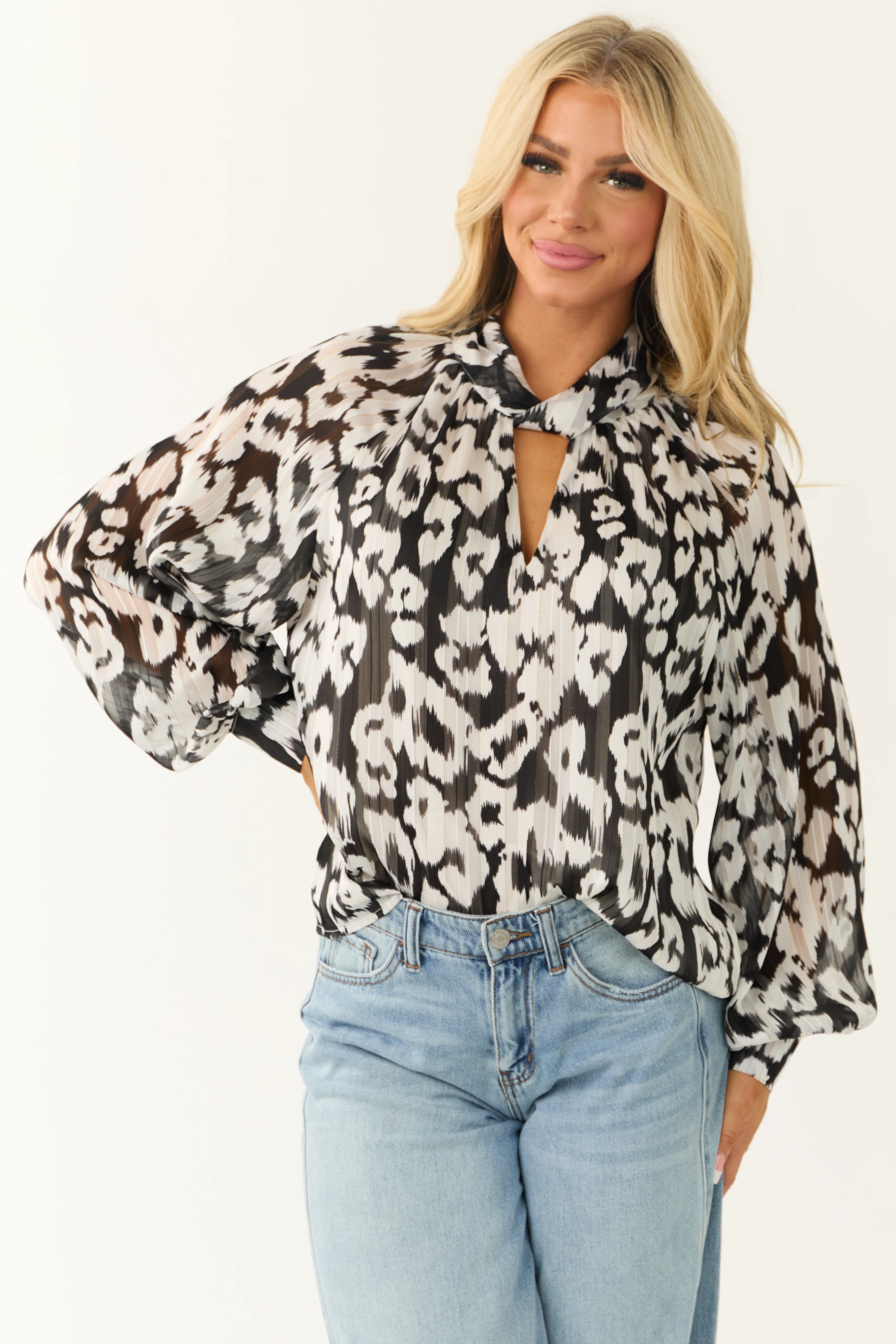 Black and Ivory Leopard Print Knot Collar Top - LD SALE