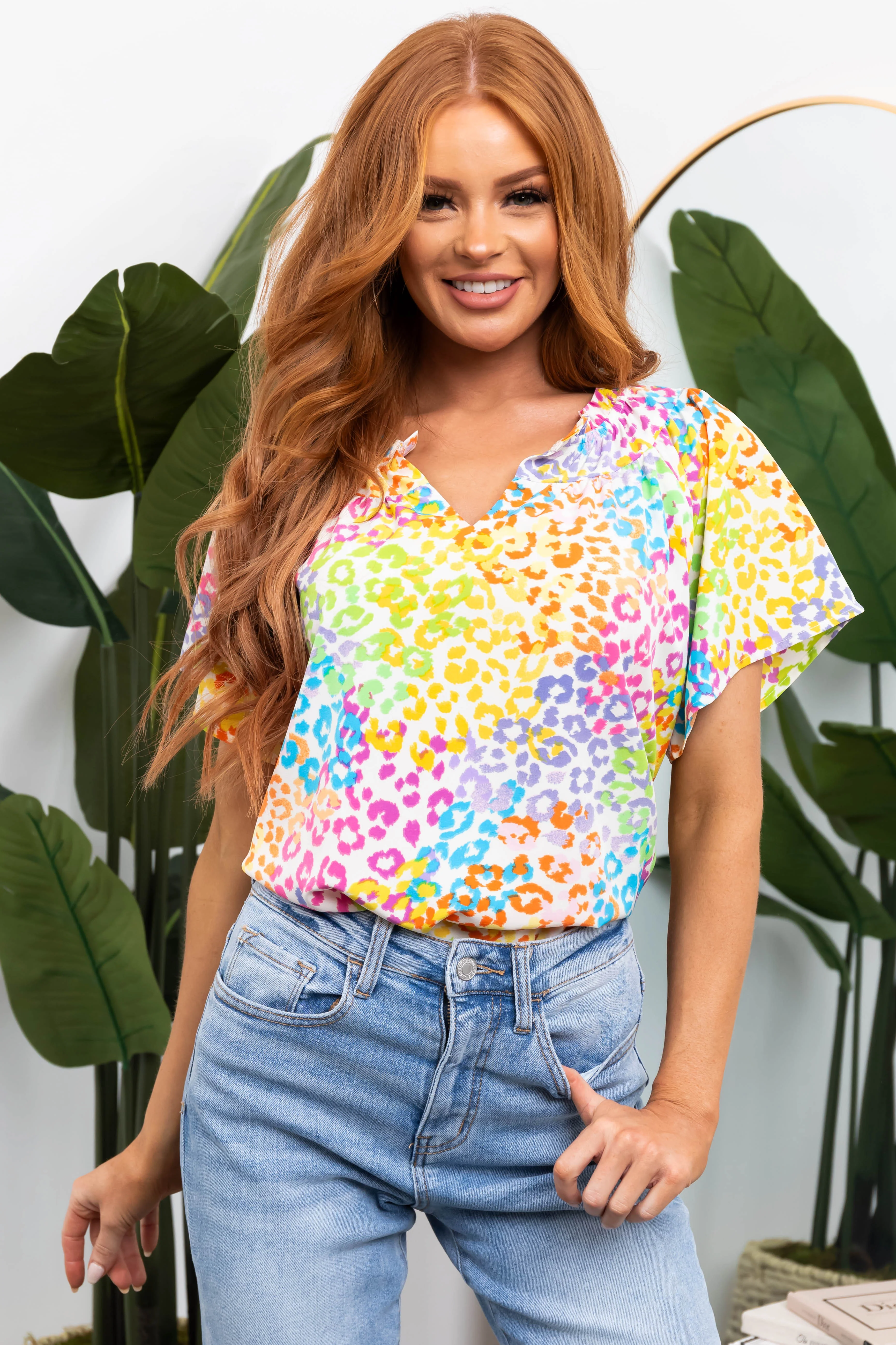 Ivory Leopard Print Short Sleeve V Neck Top - LD SALE