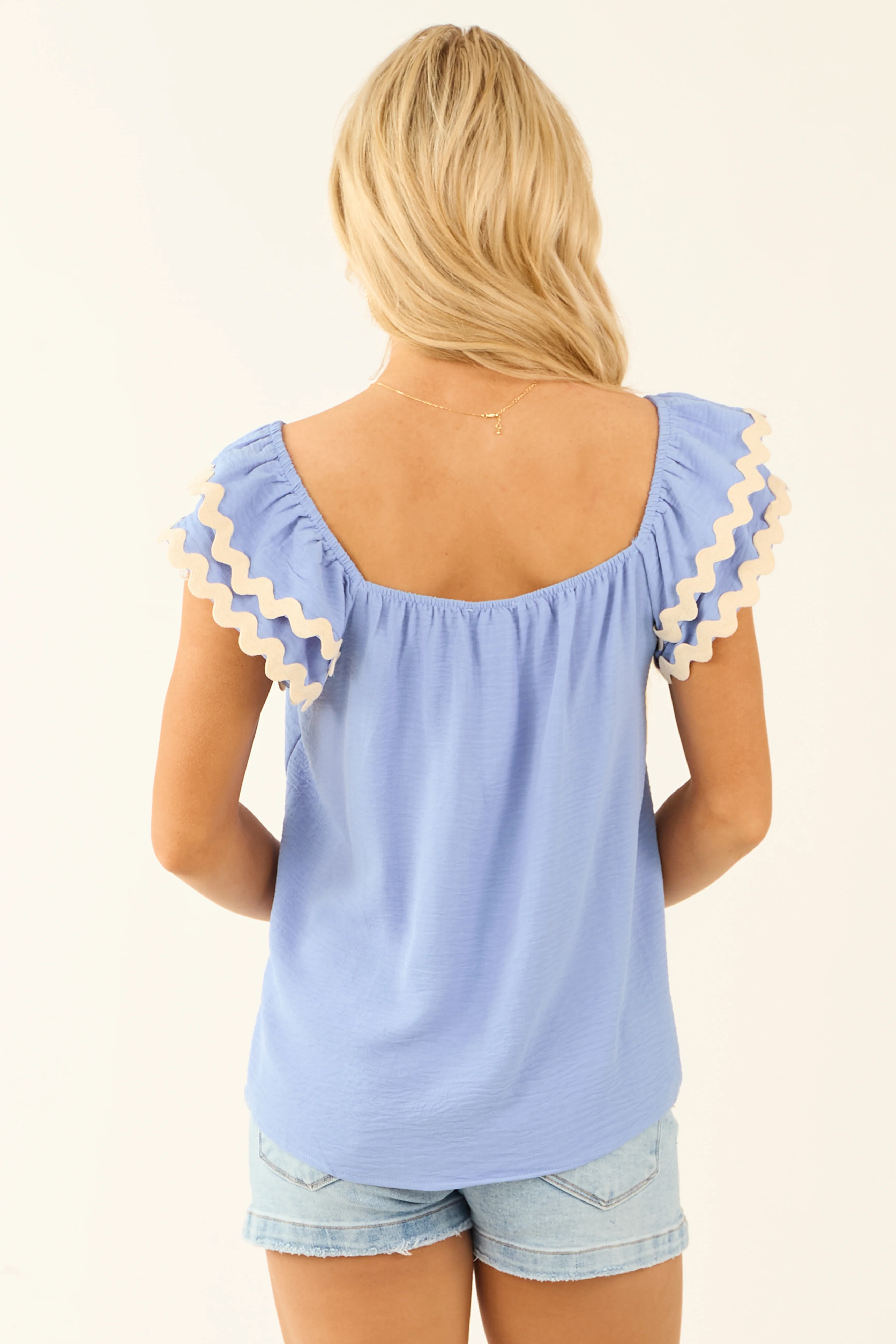 Cornflower Wavy Contrast Trim Pintuck Blouse - LD SALE