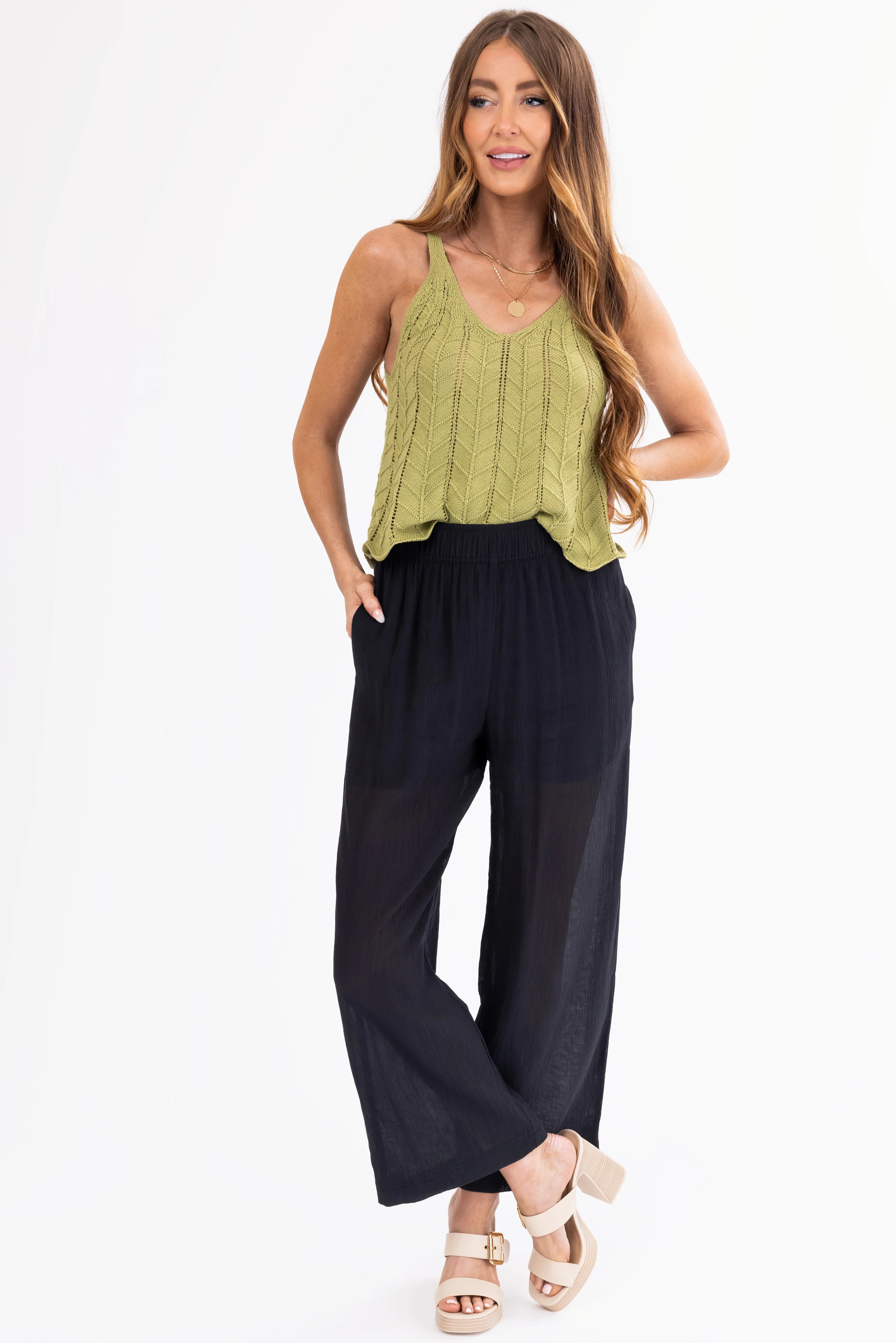 Black Wide Leg Textured Woven Pants - LD SALE