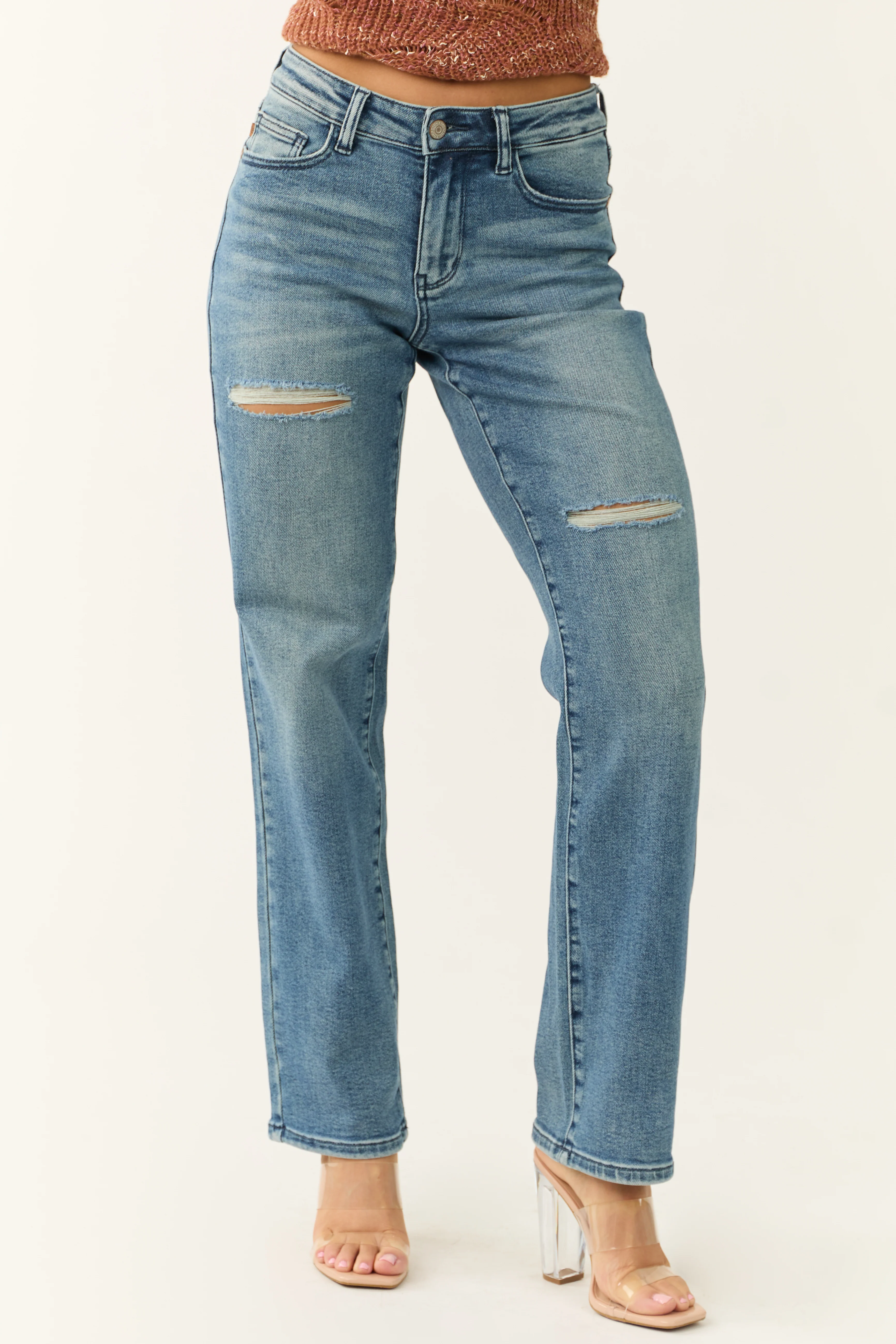 Judy Blue Medium Wash Distressed Detail Dad Jeans - LD SALE
