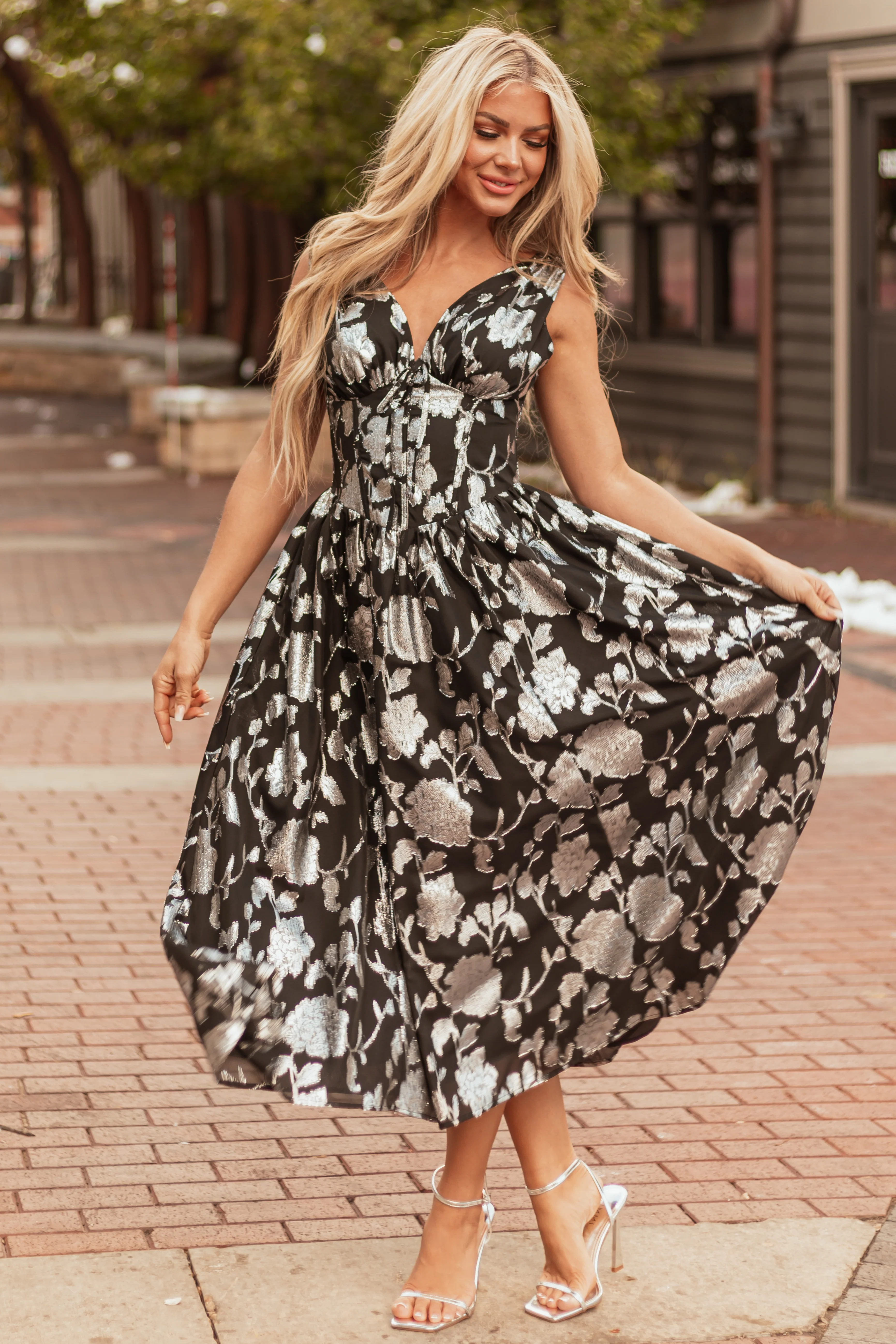Flying Tomato Black and Silver Floral Midi Dress - LD SALE