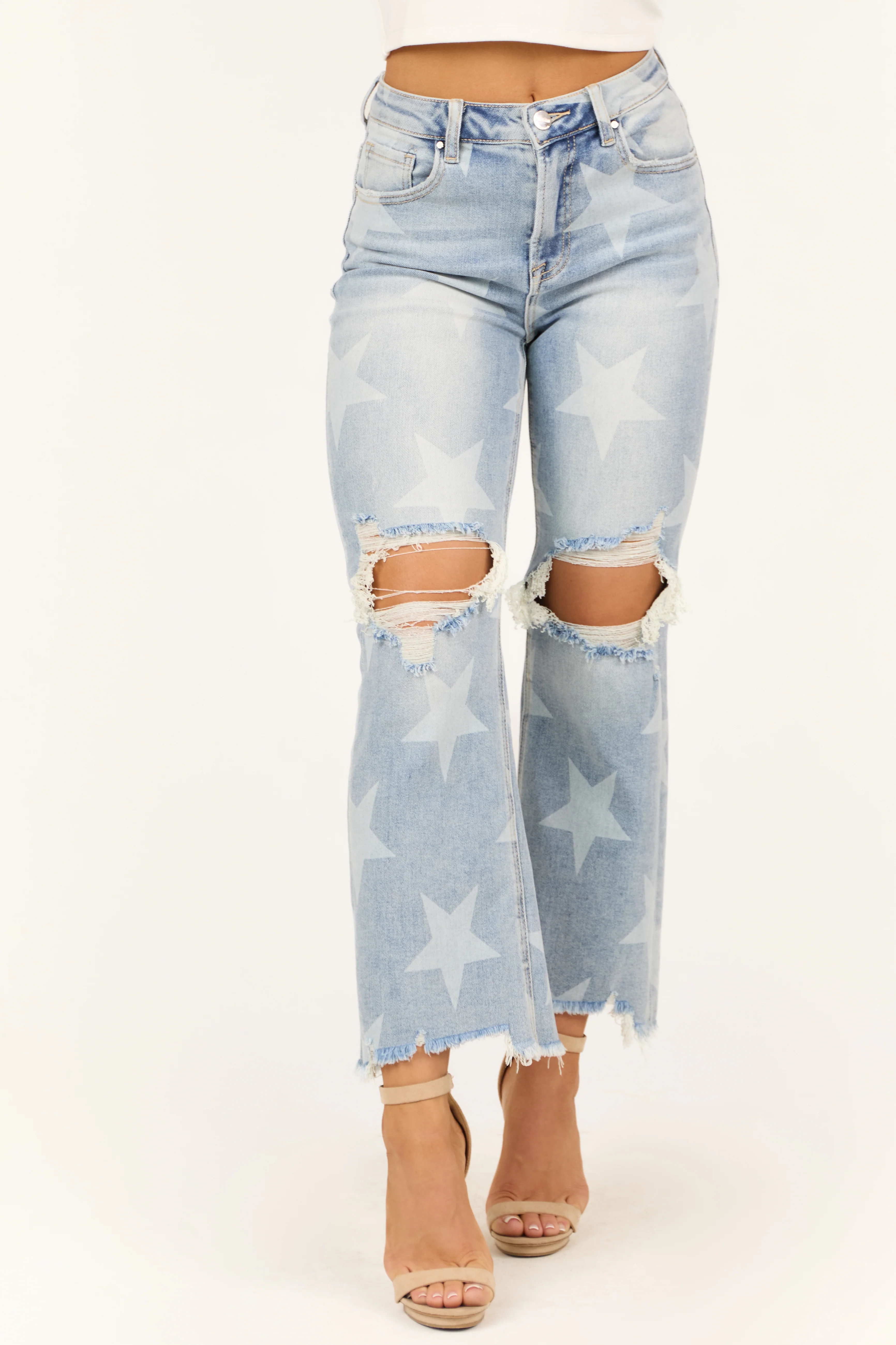 Risen Light Wash Star Print Cropped Straight Jeans - LD SALE