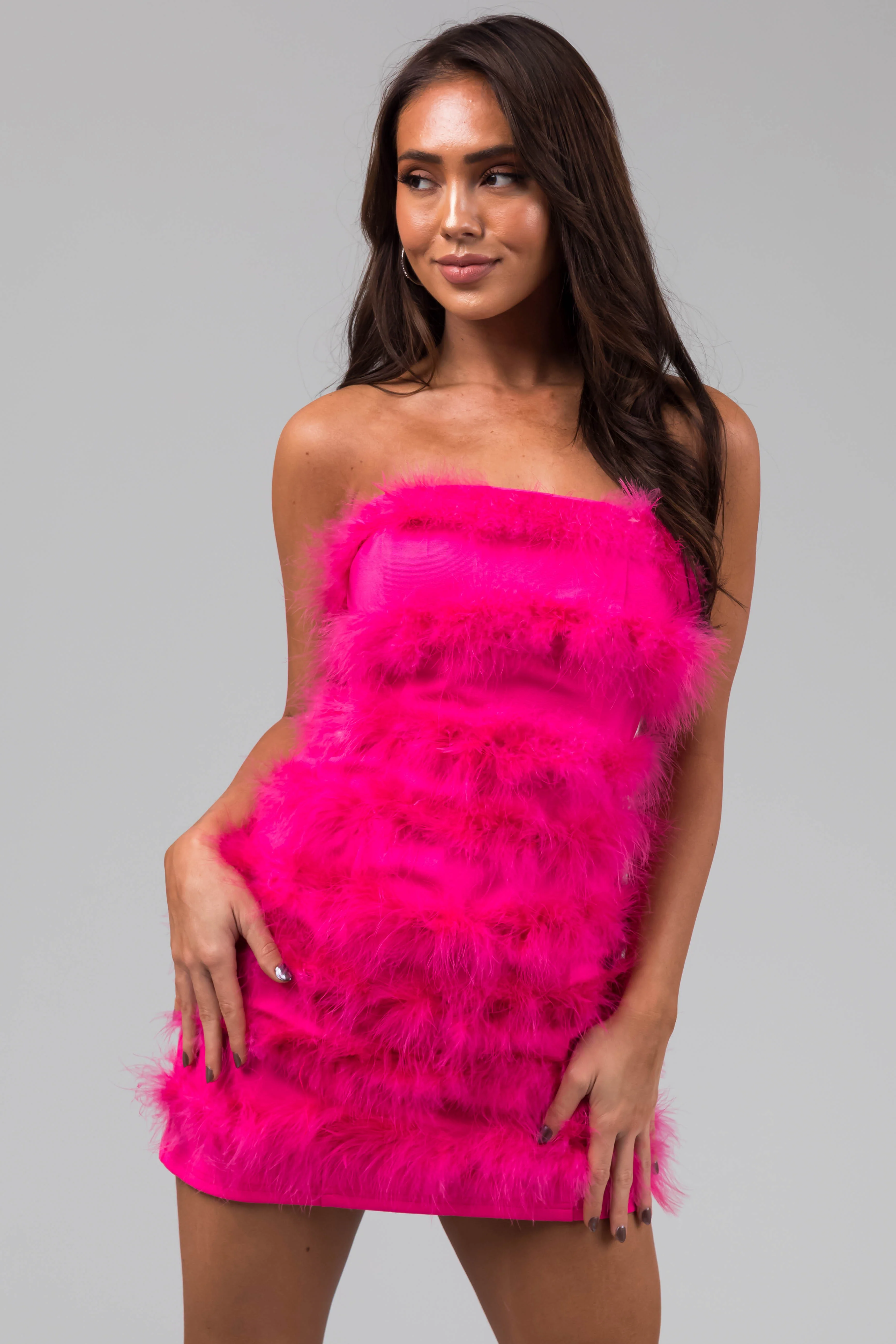Hot Pink Faux Fur Strapless Mini Dress - LD SALE