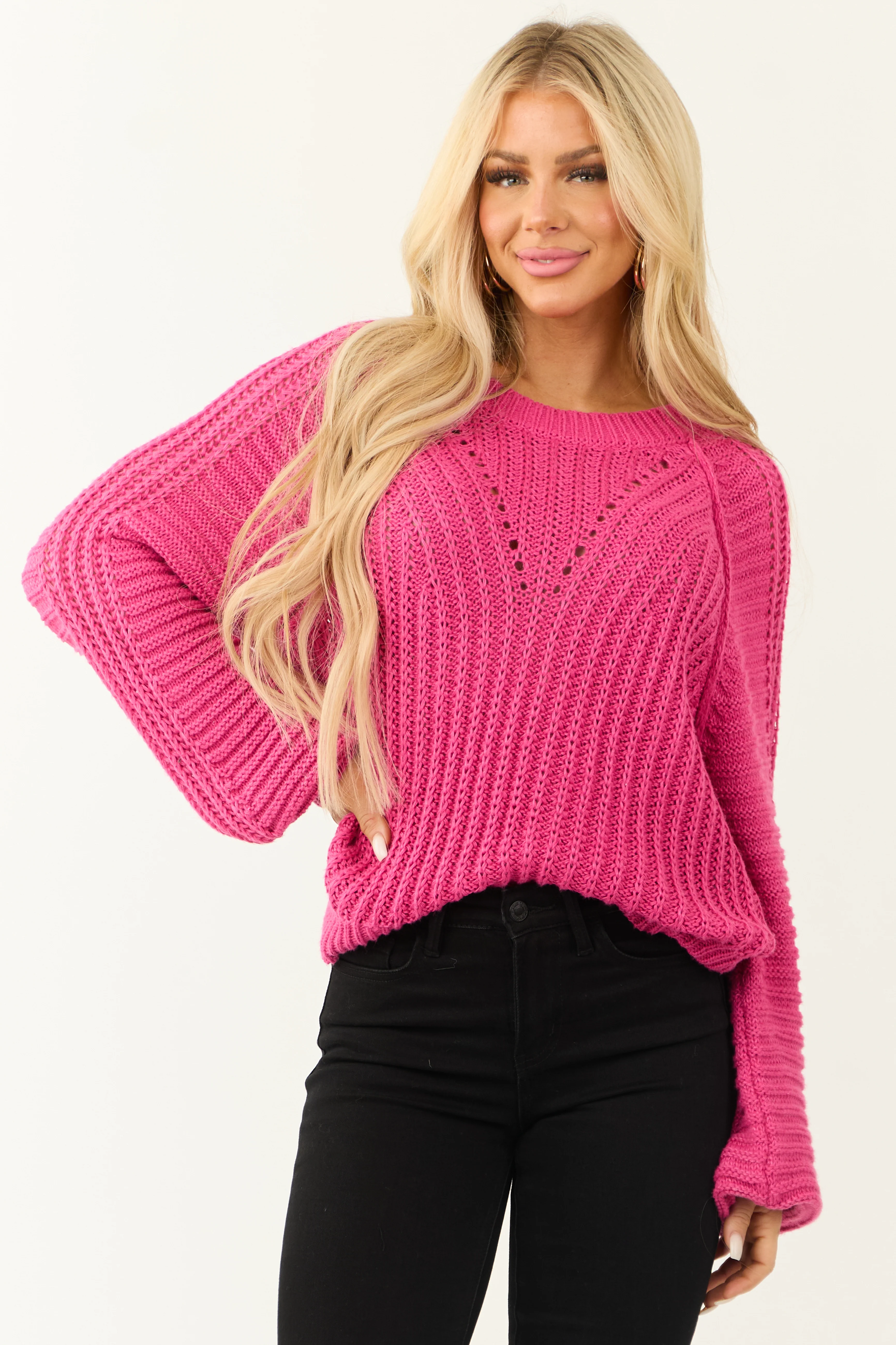 Magenta Bubble Sleeve Ribbed Knit Sweater - LD SALE