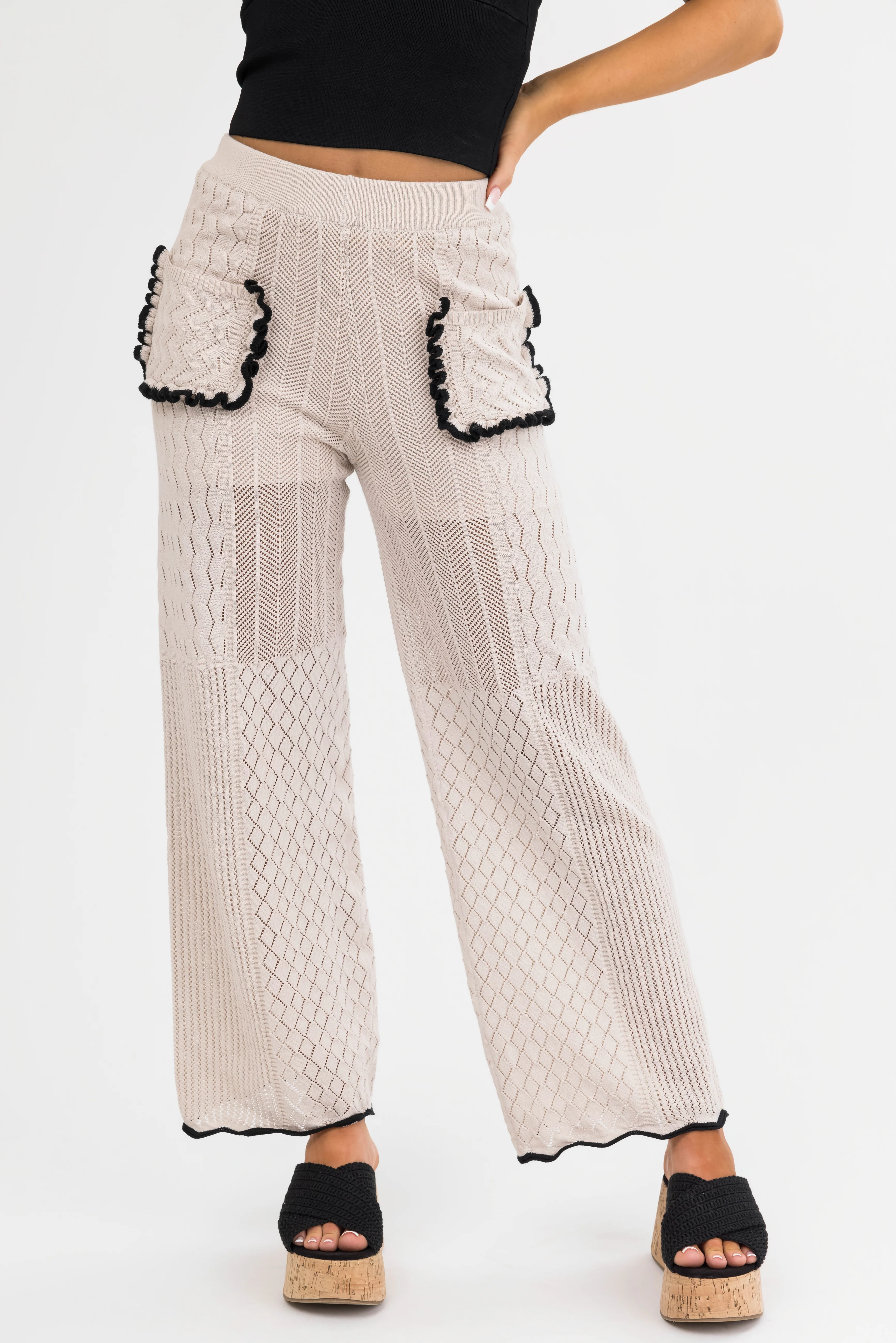 Coconut Textured Straight Leg Pants with Contrast Trim - LD SALE