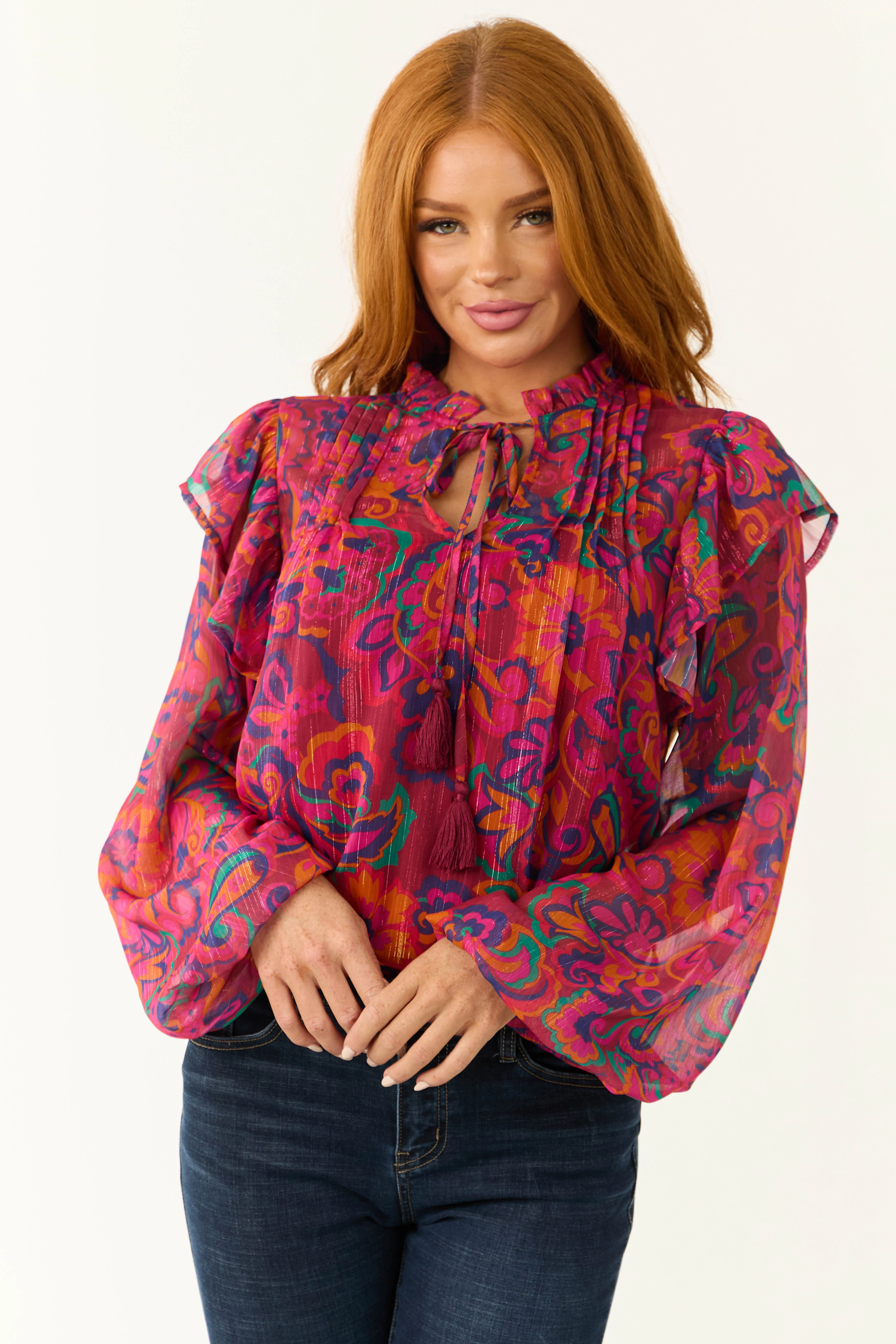 Flying Tomato Magenta Floral Print Ruffle Blouse - LD SALE