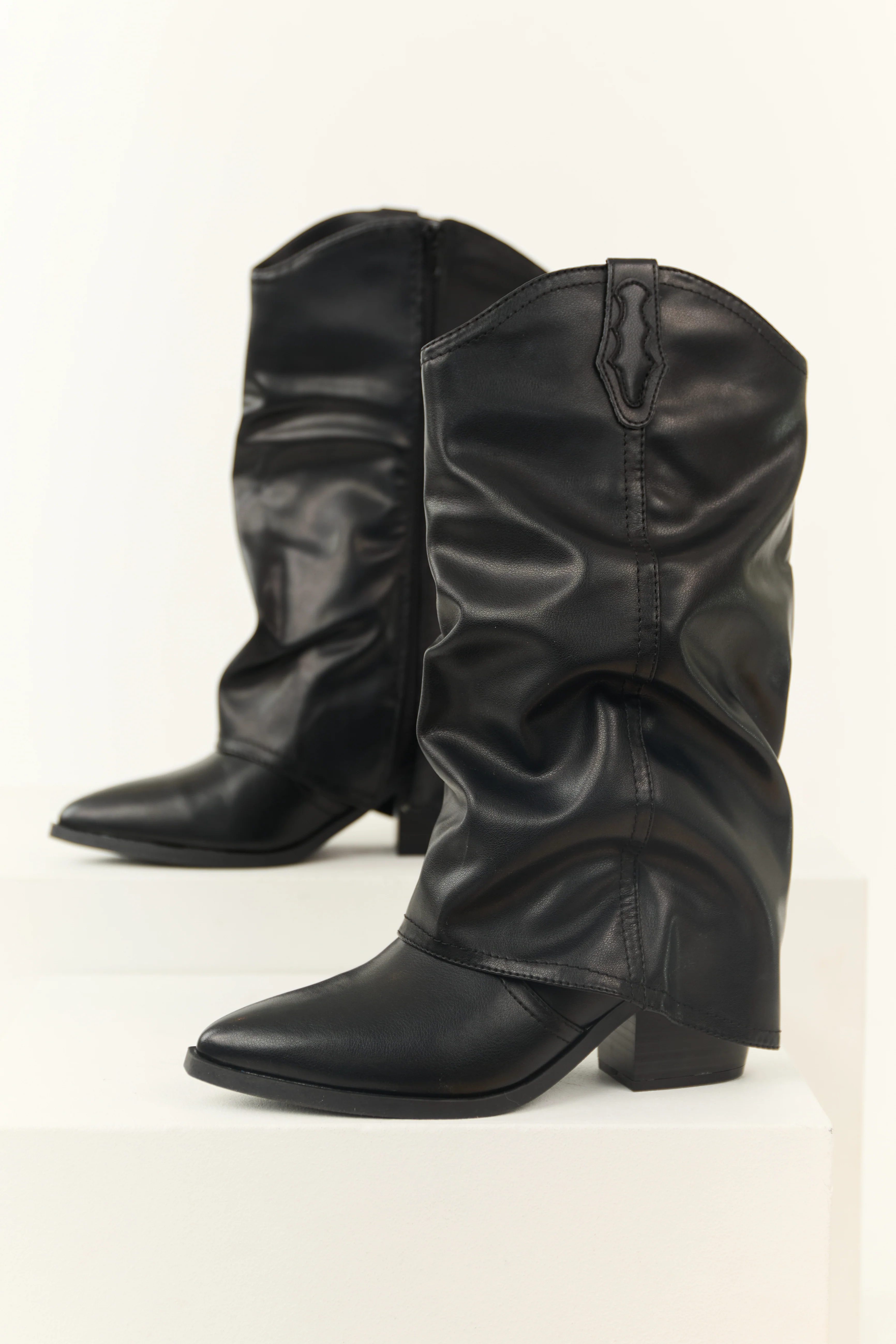 Black Faux Leather Slouchy Foldover Boot - LD SALE