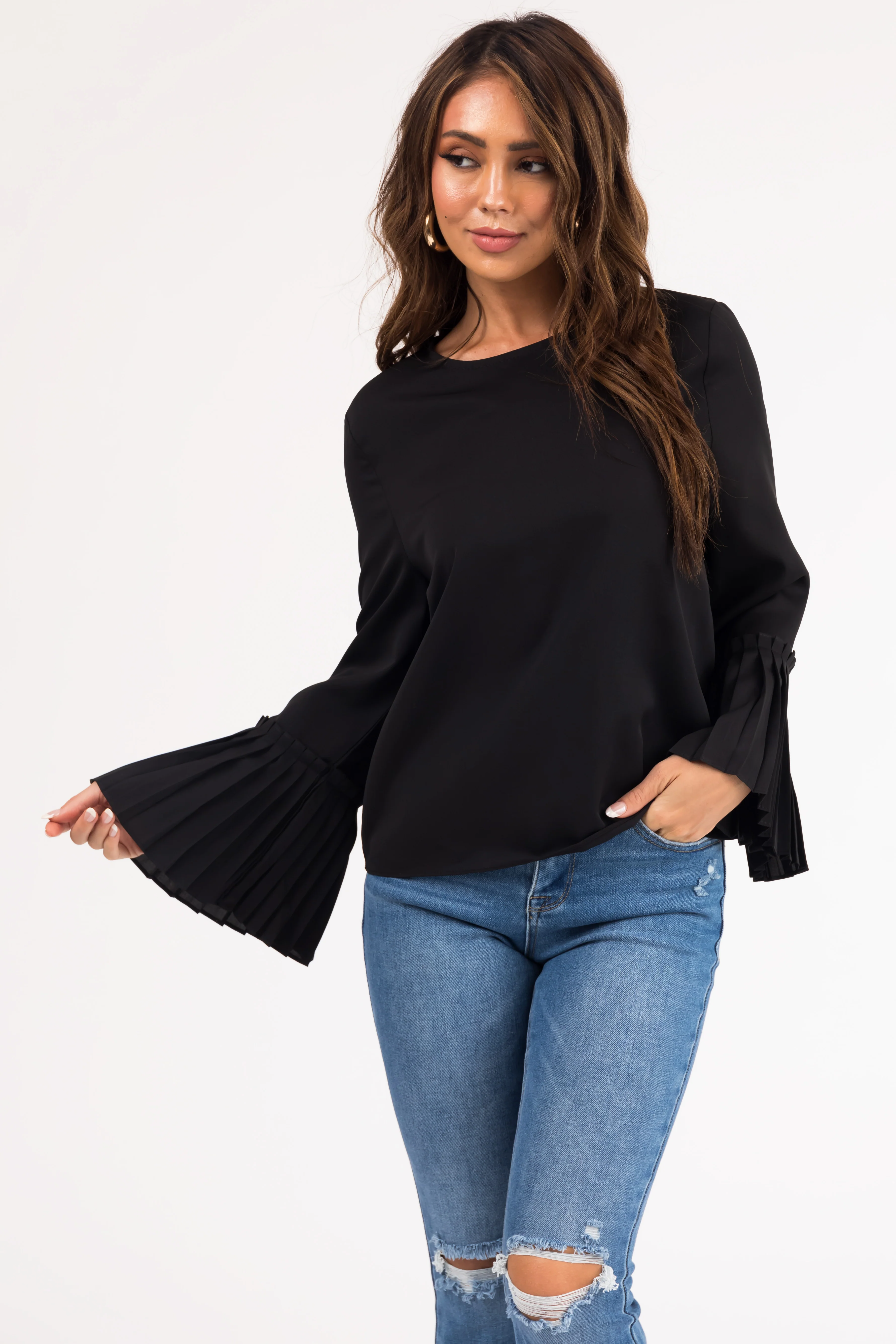 Black Pleated Bell Sleeve Blouse - LD SALE