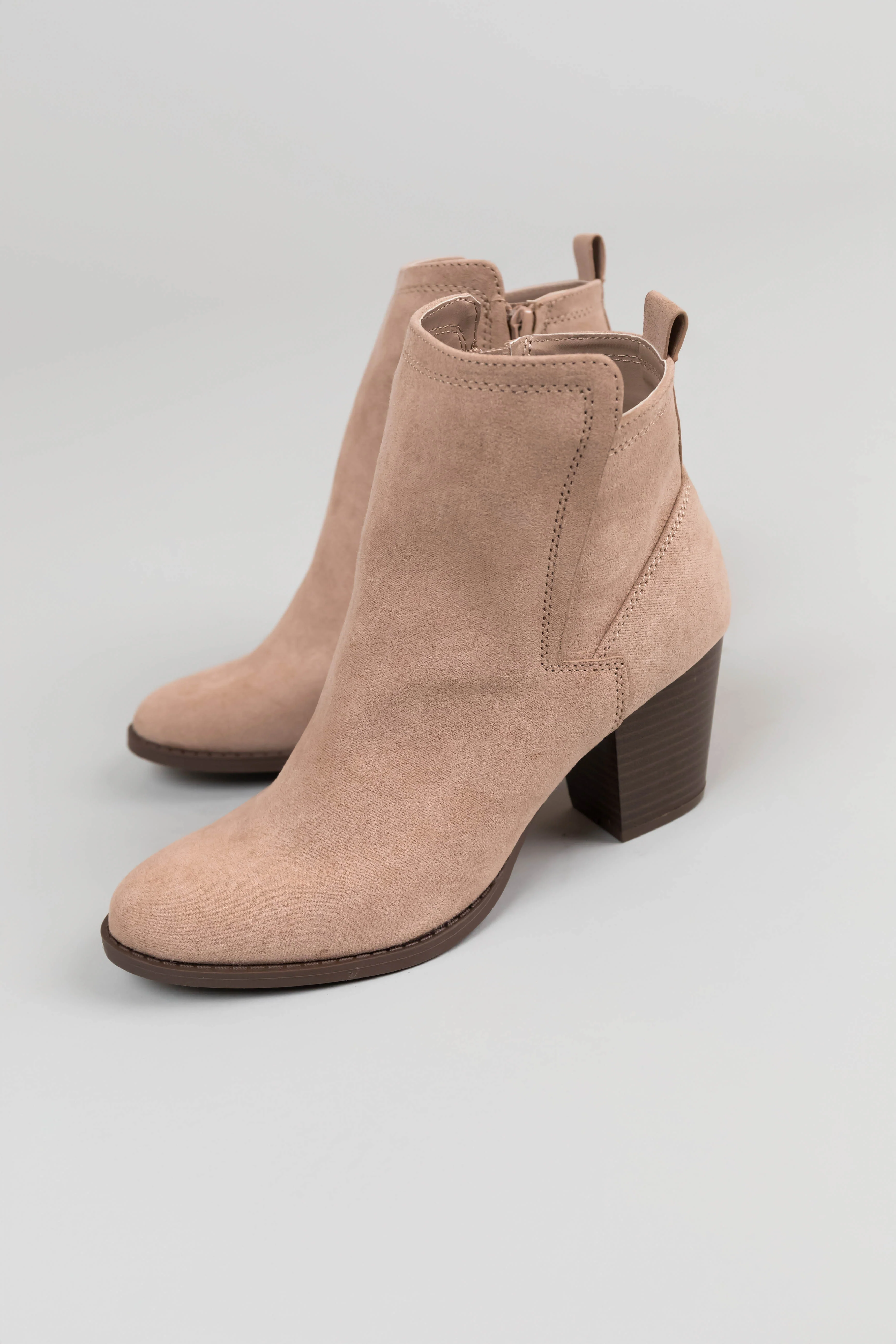 Latte Faux Suede Block Heel Ankle Booties - LD SALE