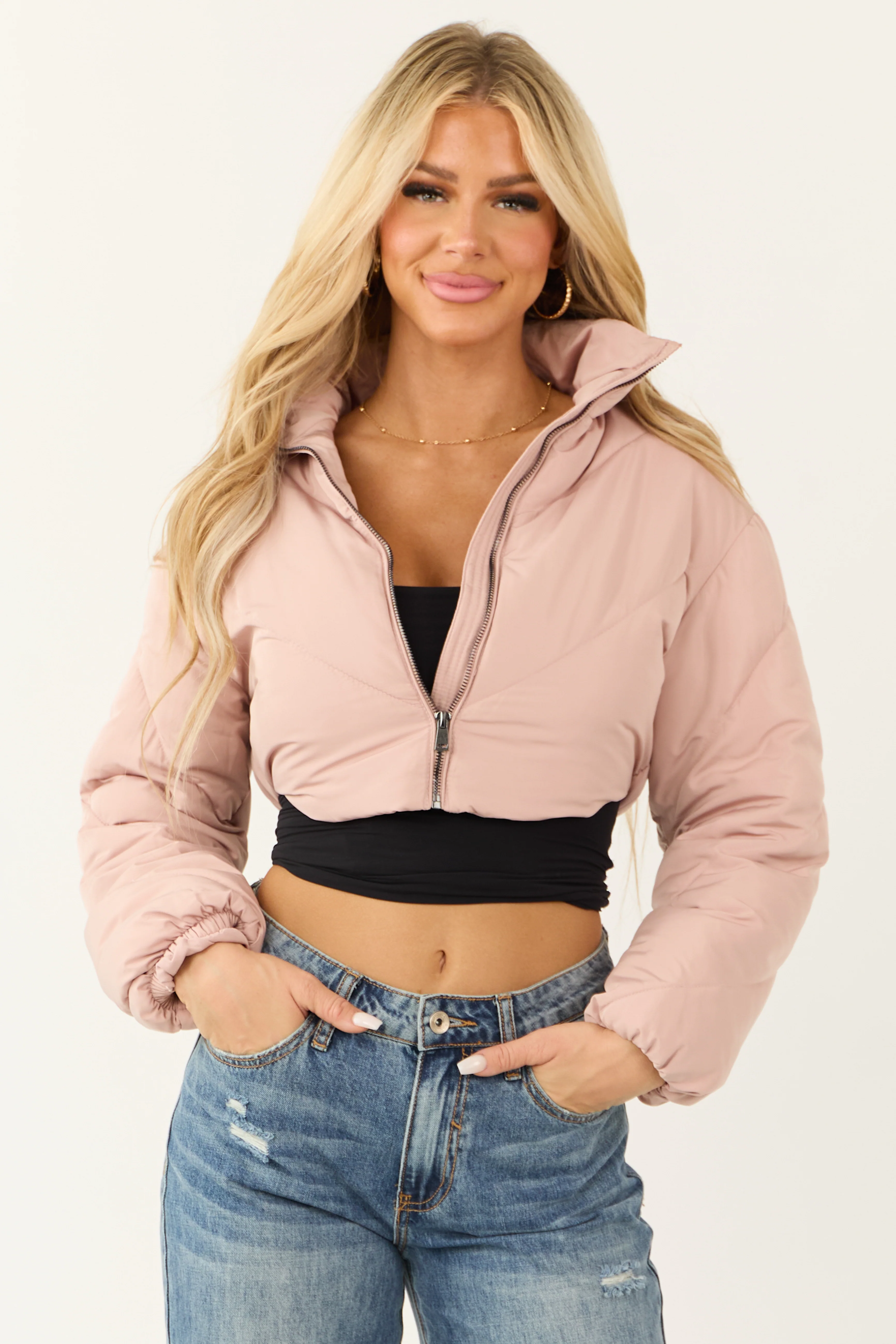 Dusty Blush Super Cropped Zip Up Puffer Jacket - LD SALE