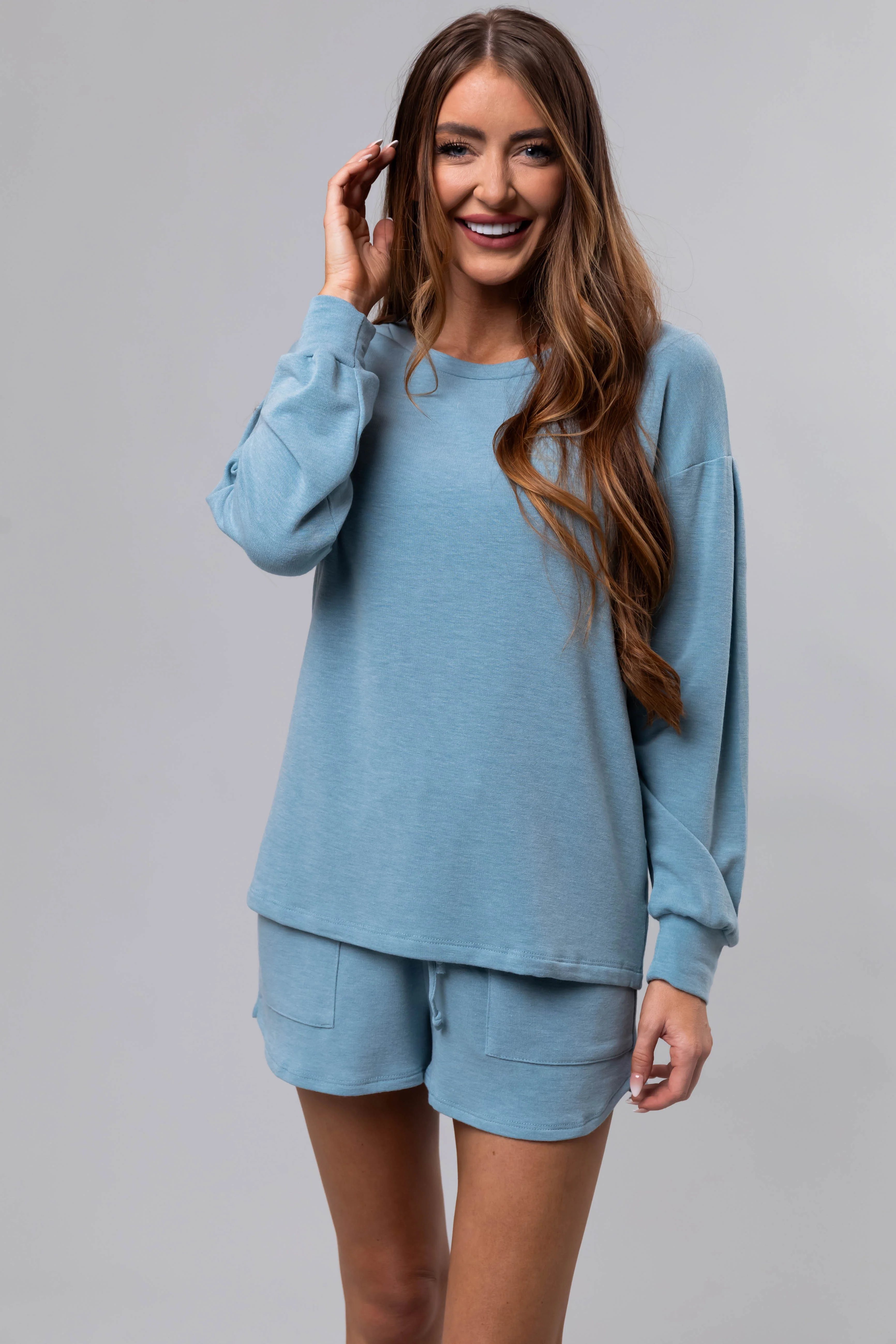 Heathered Blue Long Sleeve Soft Knit Top - LD SALE