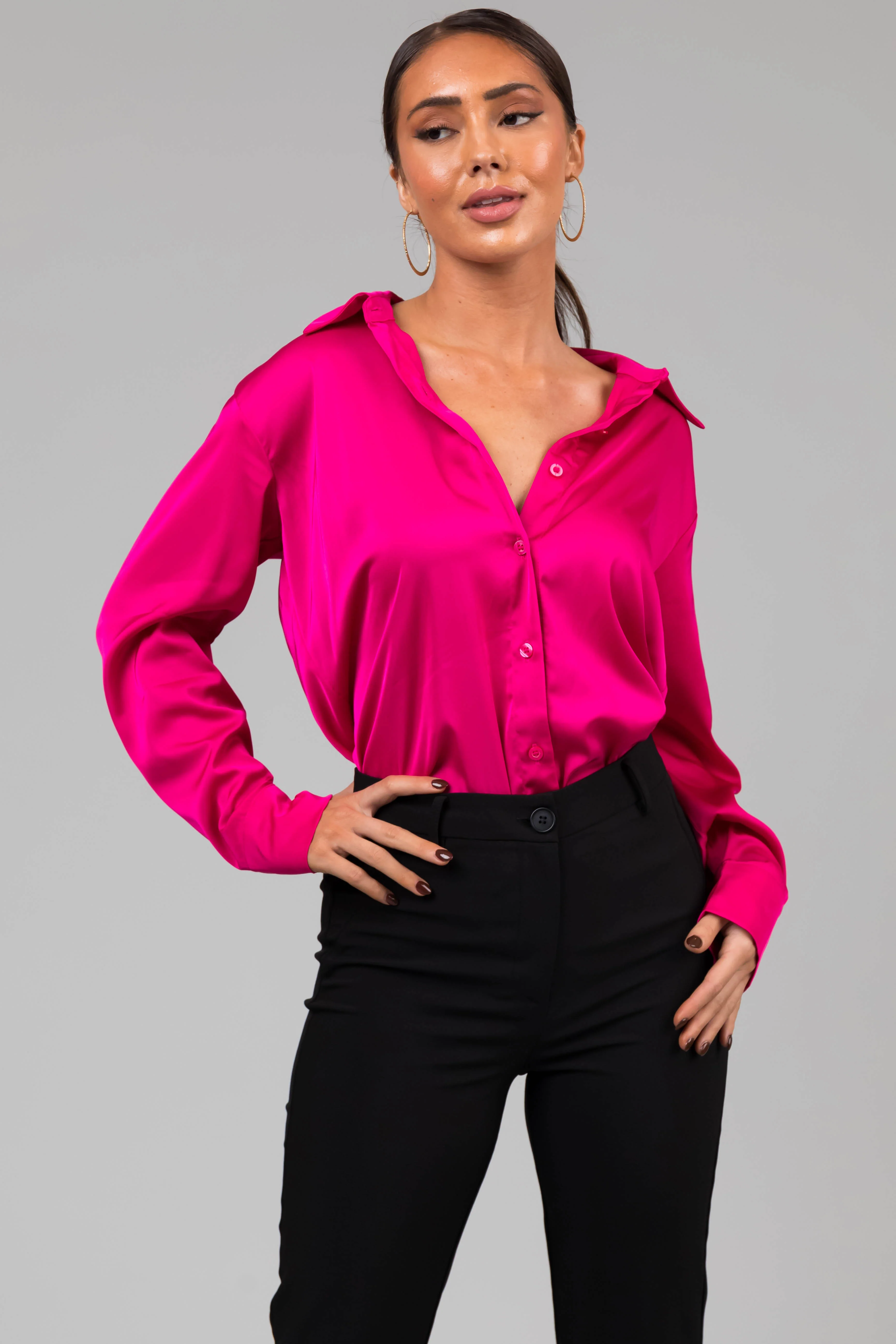 Hot Pink Satin Button Front Collared Shirt - LD SALE