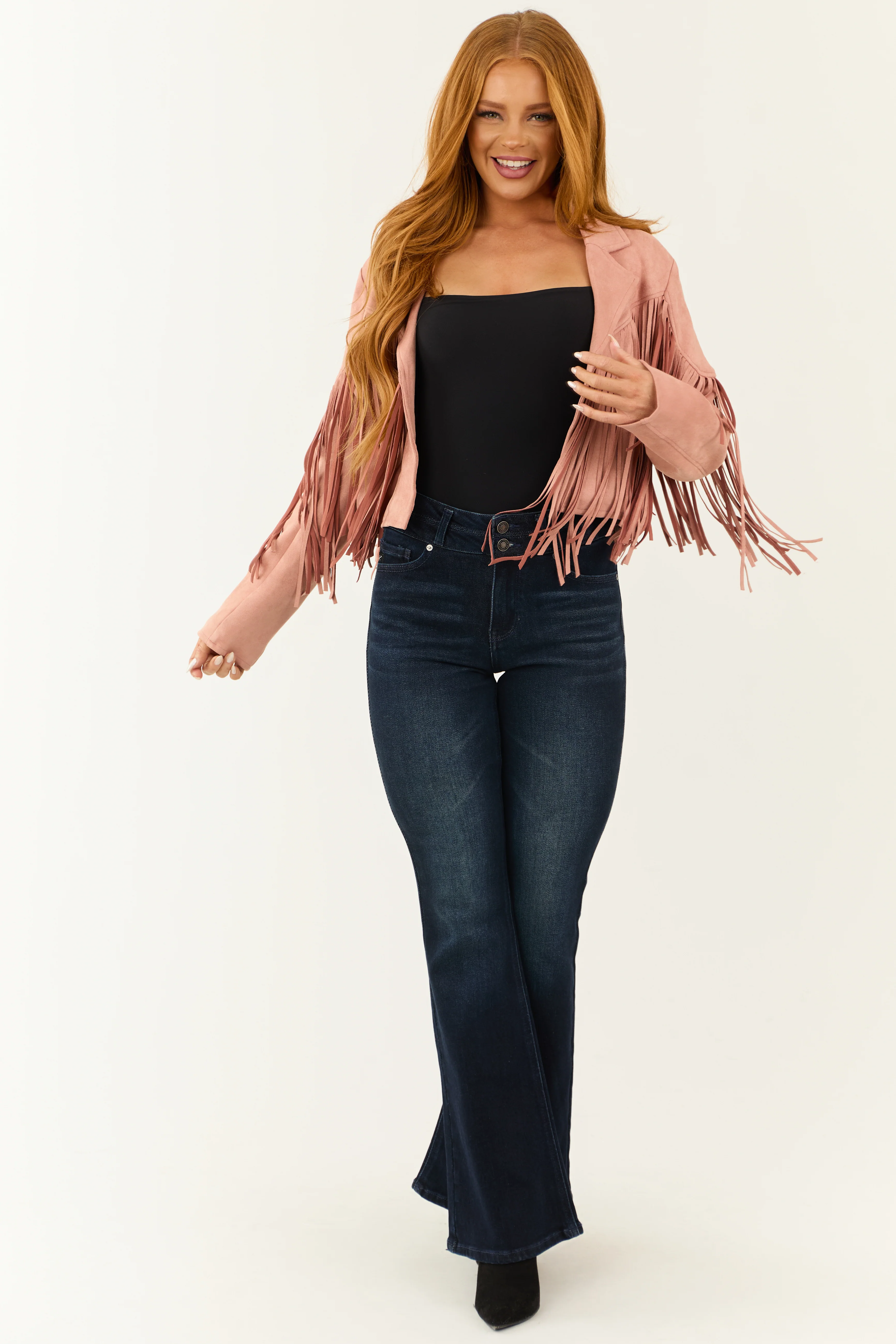 Cherry Blossom Open Front Fringe Faux Suede Jacket - LD SALE