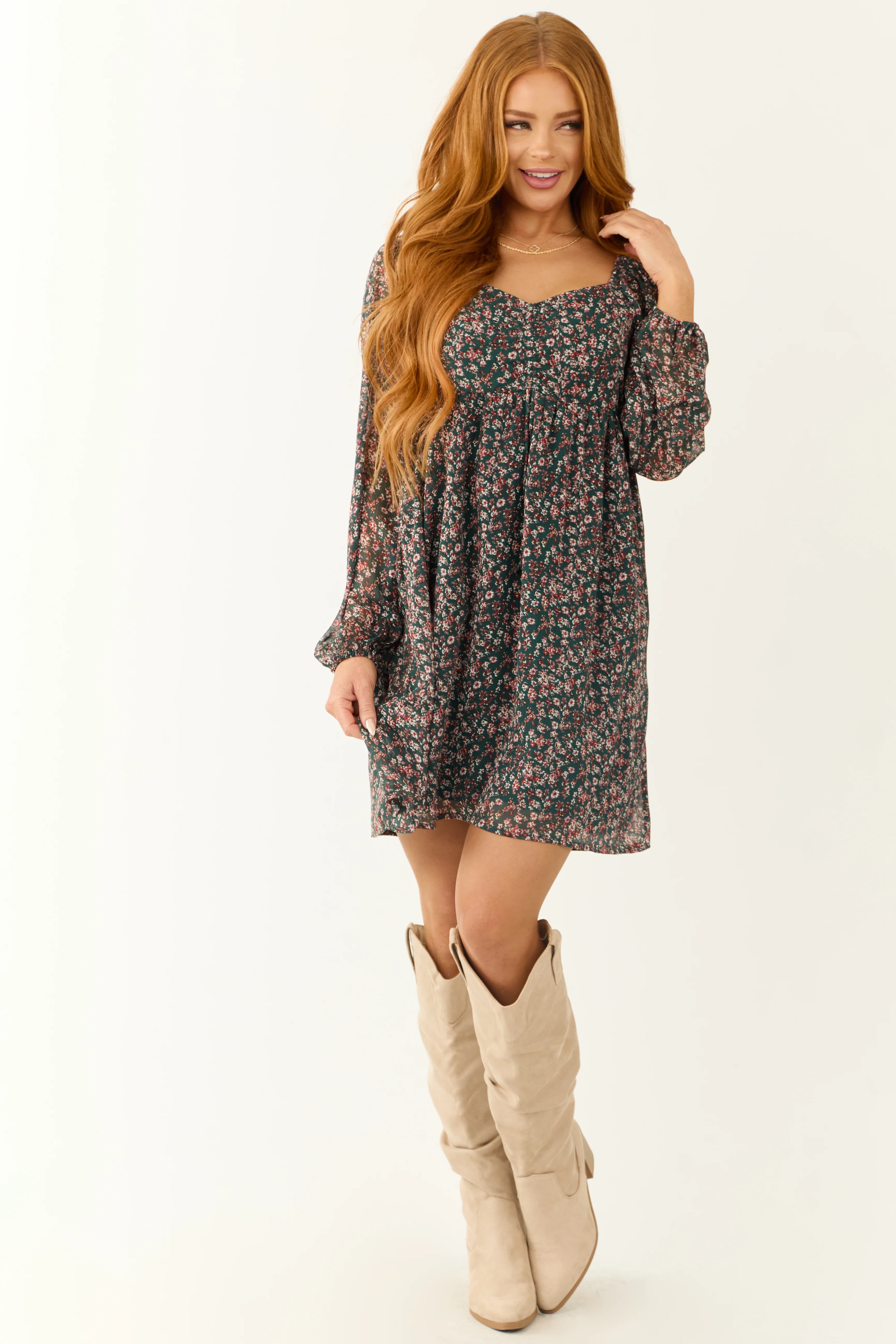Pine Floral Print V Neck Smocked Mini Dress - LD SALE