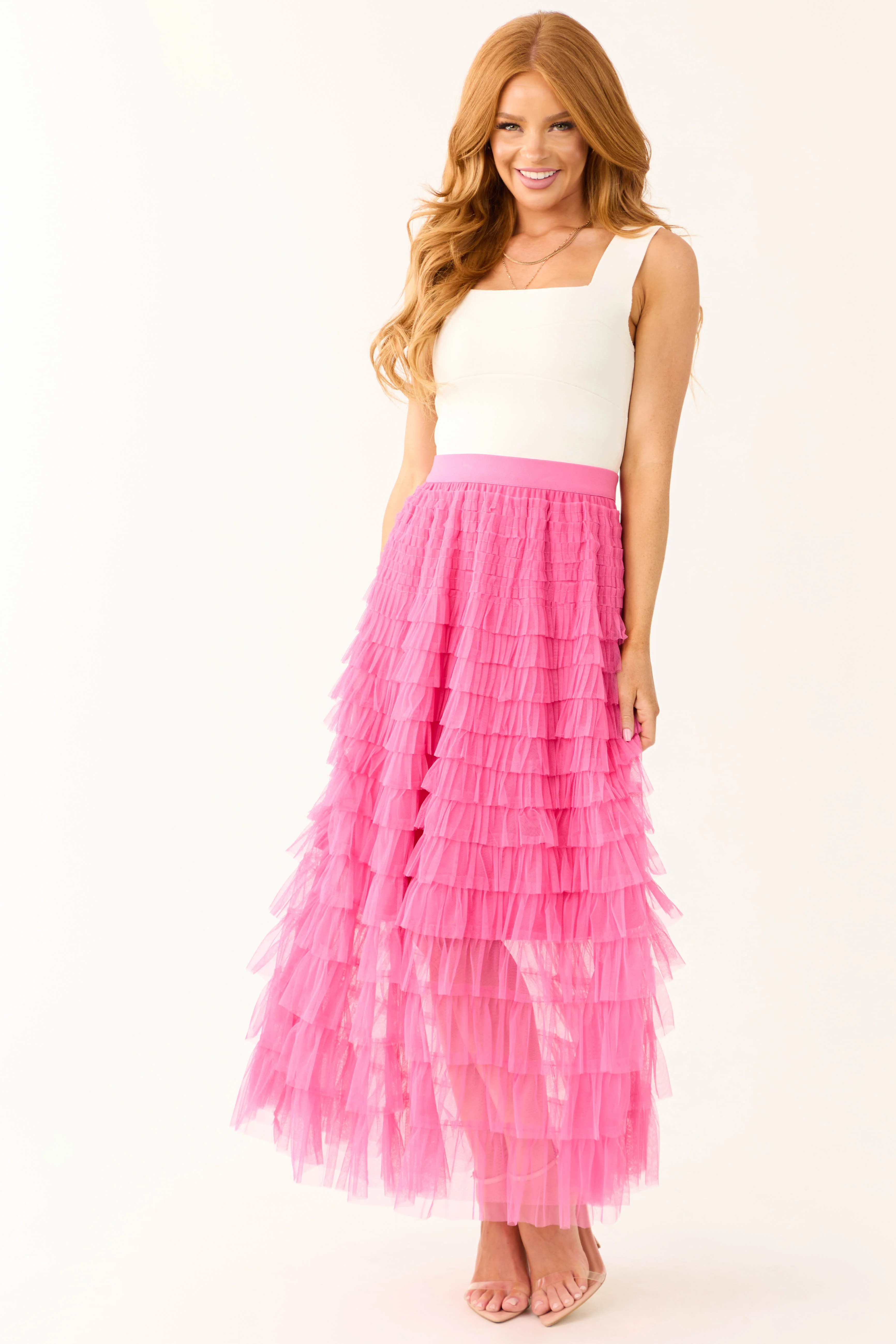 Magenta Ruffle Tulle Elastic Maxi Skirt - LD SALE