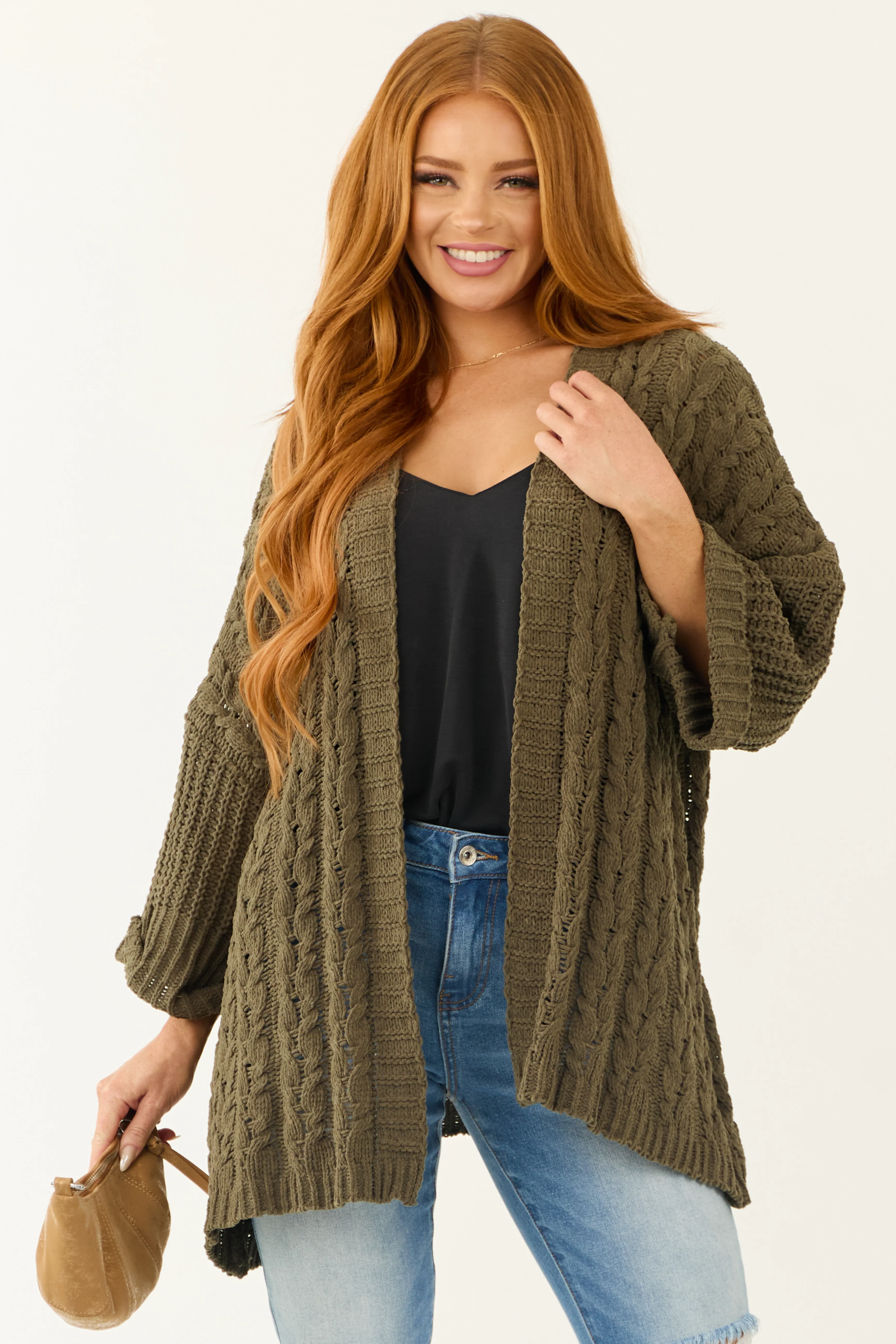 Army Green Cable Knit 3/4 Sleeve Cardigan - LD SALE