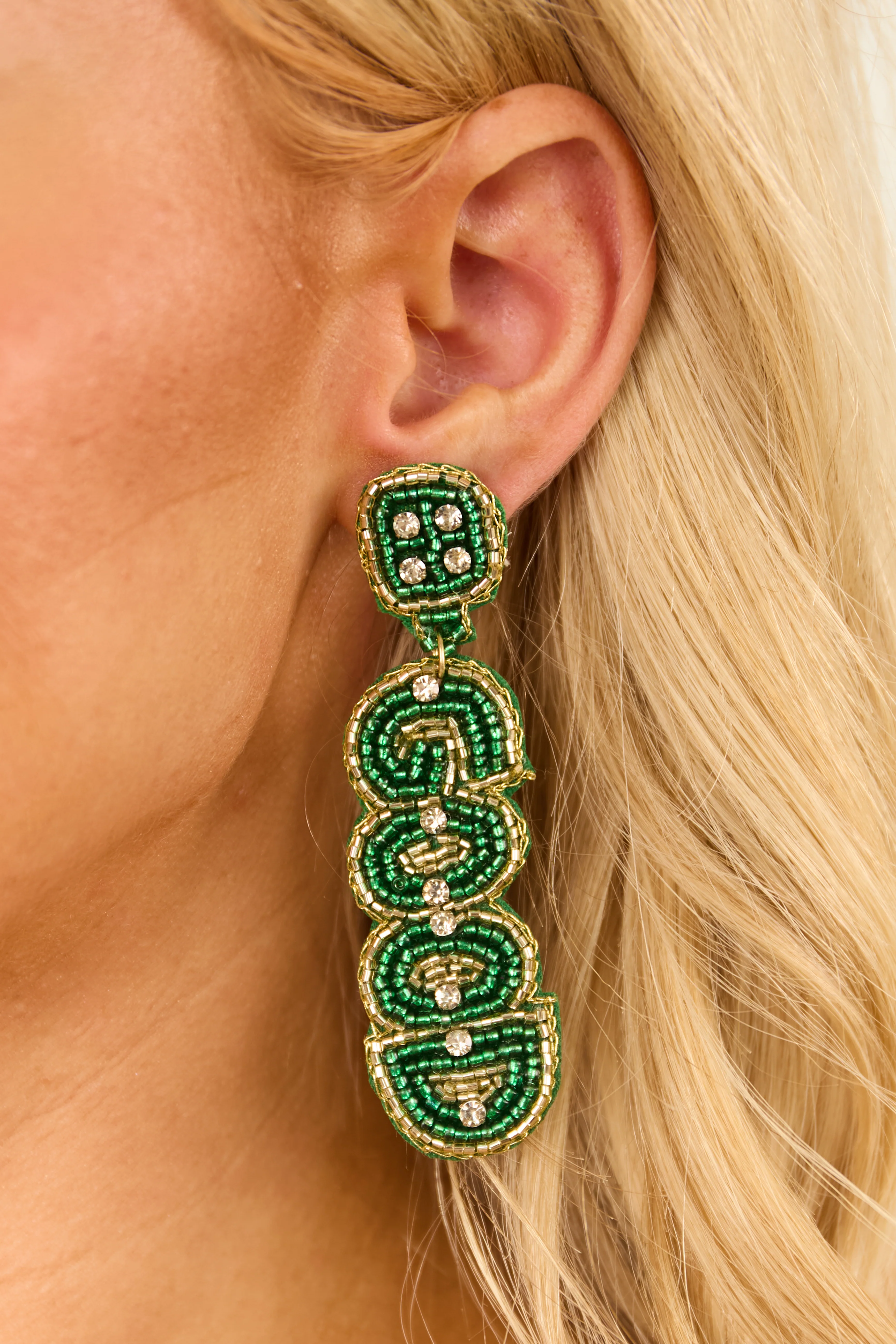 Hunter Green Seed Bead 'Good Luck' Dangle Earrings - LD SALE