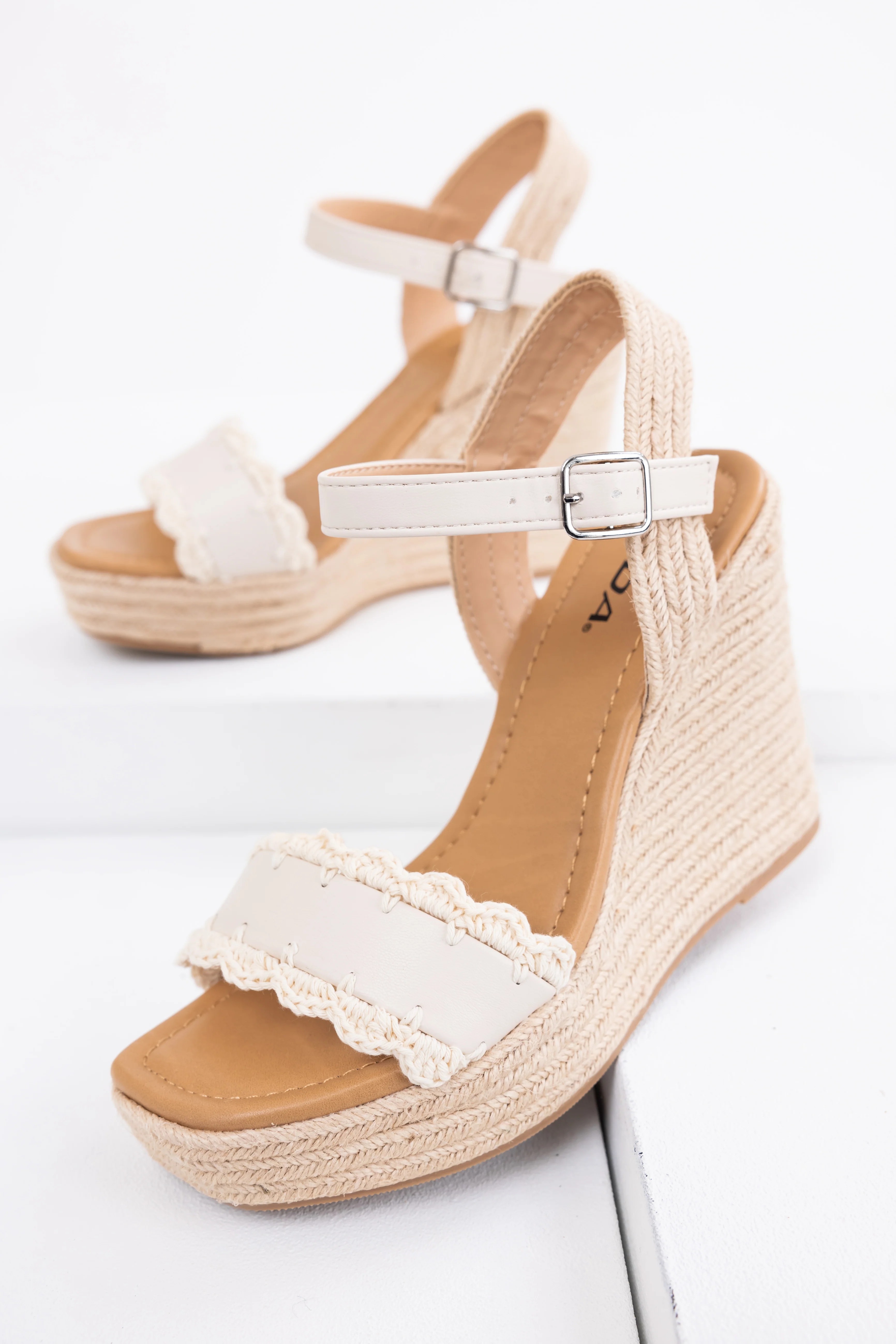Ivory Crochet Trim Strap Espadrille Wedges - LD SALE
