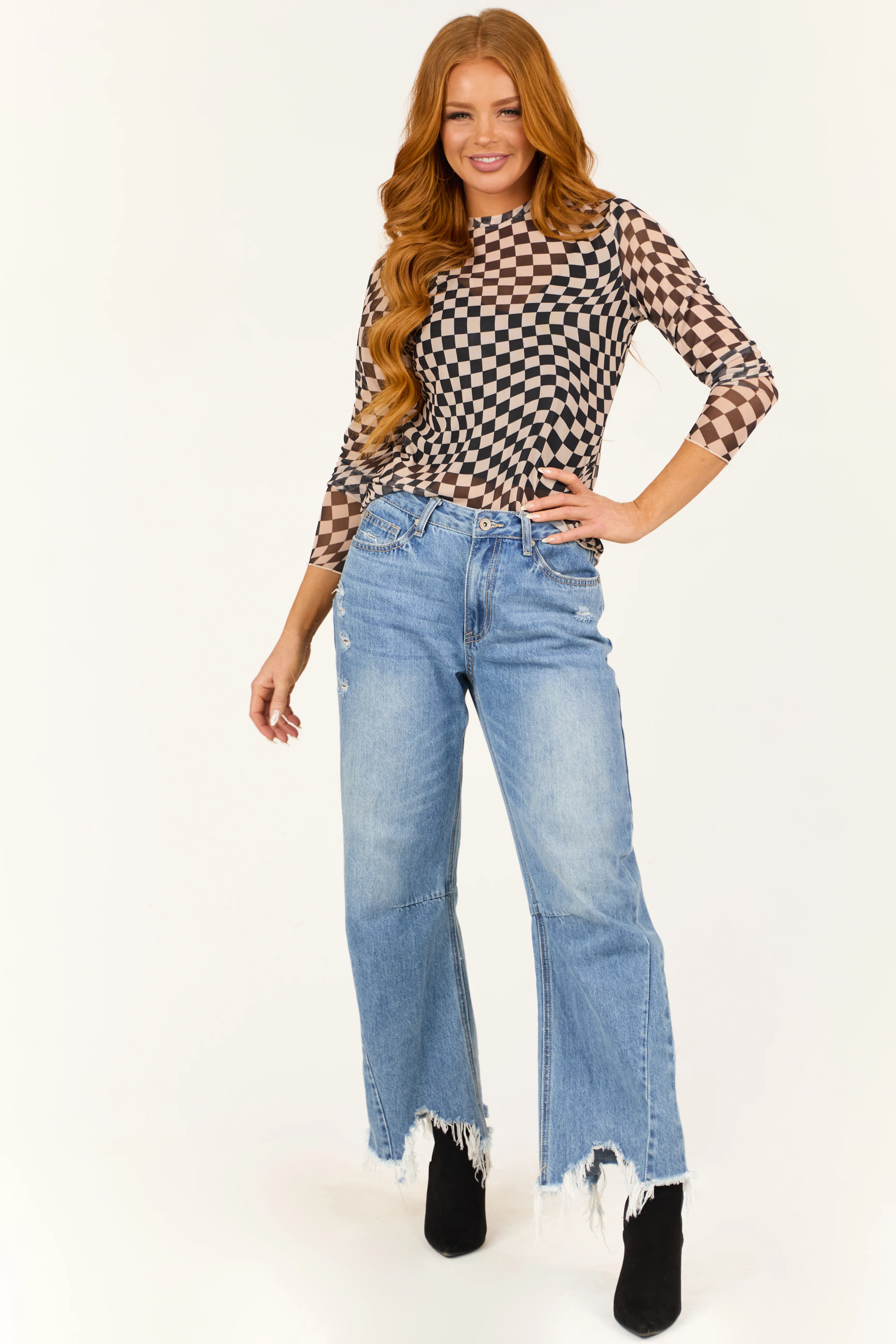 Black Checkerboard Print Sheer Mesh Top - LD SALE