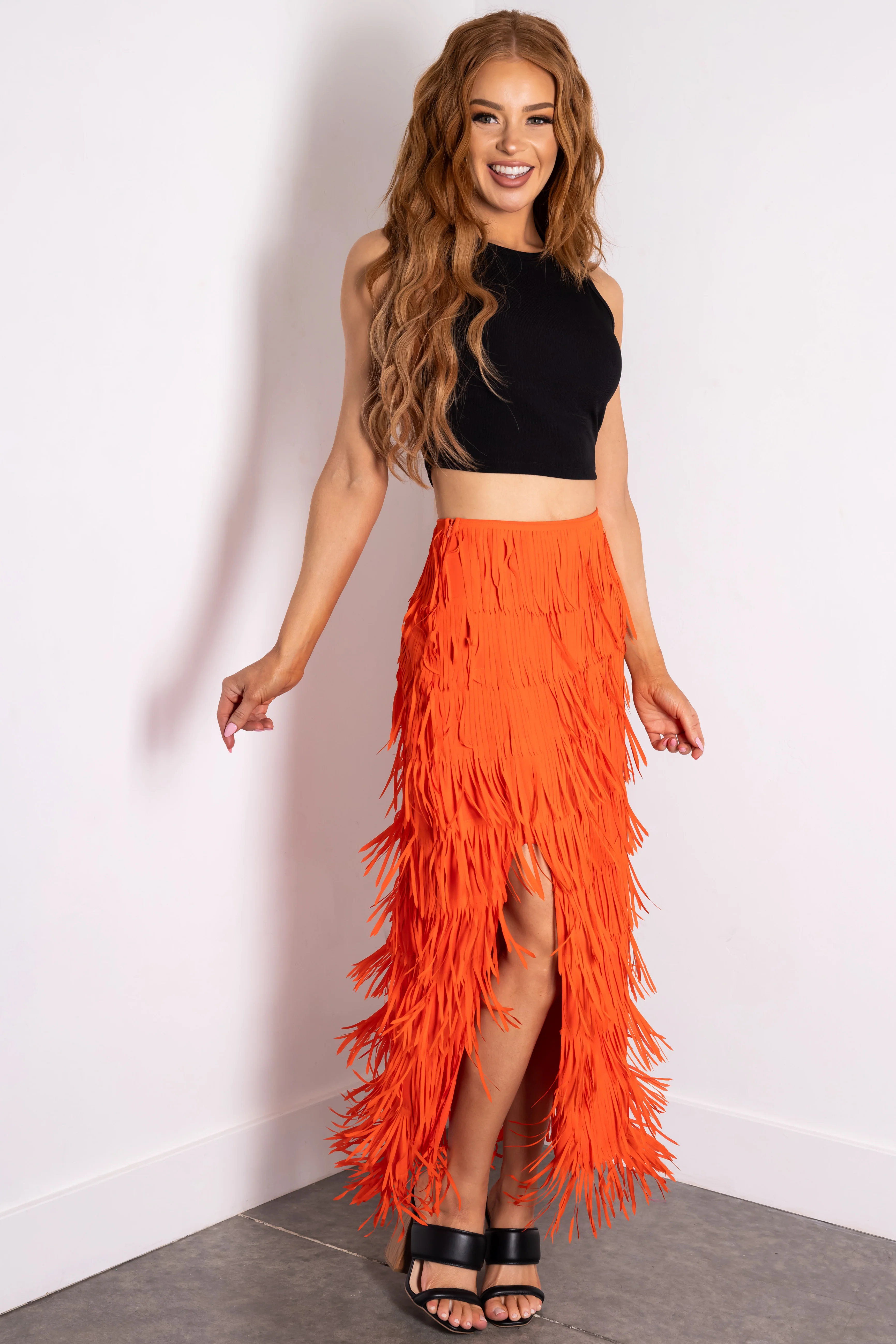 Fire Side Slit Fringe Midi Skirt - LD SALE