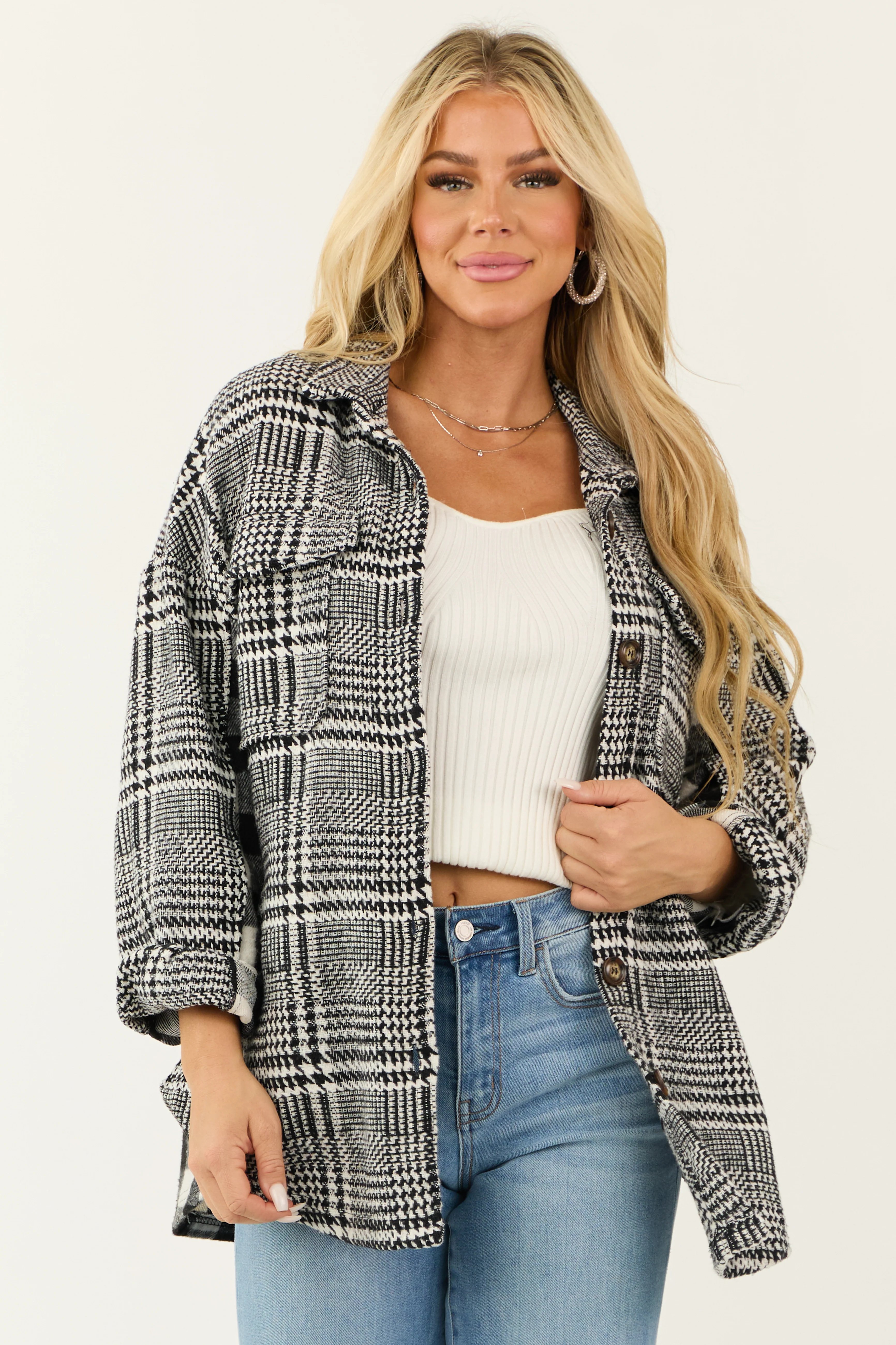 Black and Ivory Mixed Plaid and Gingham Shacket - LD SALE