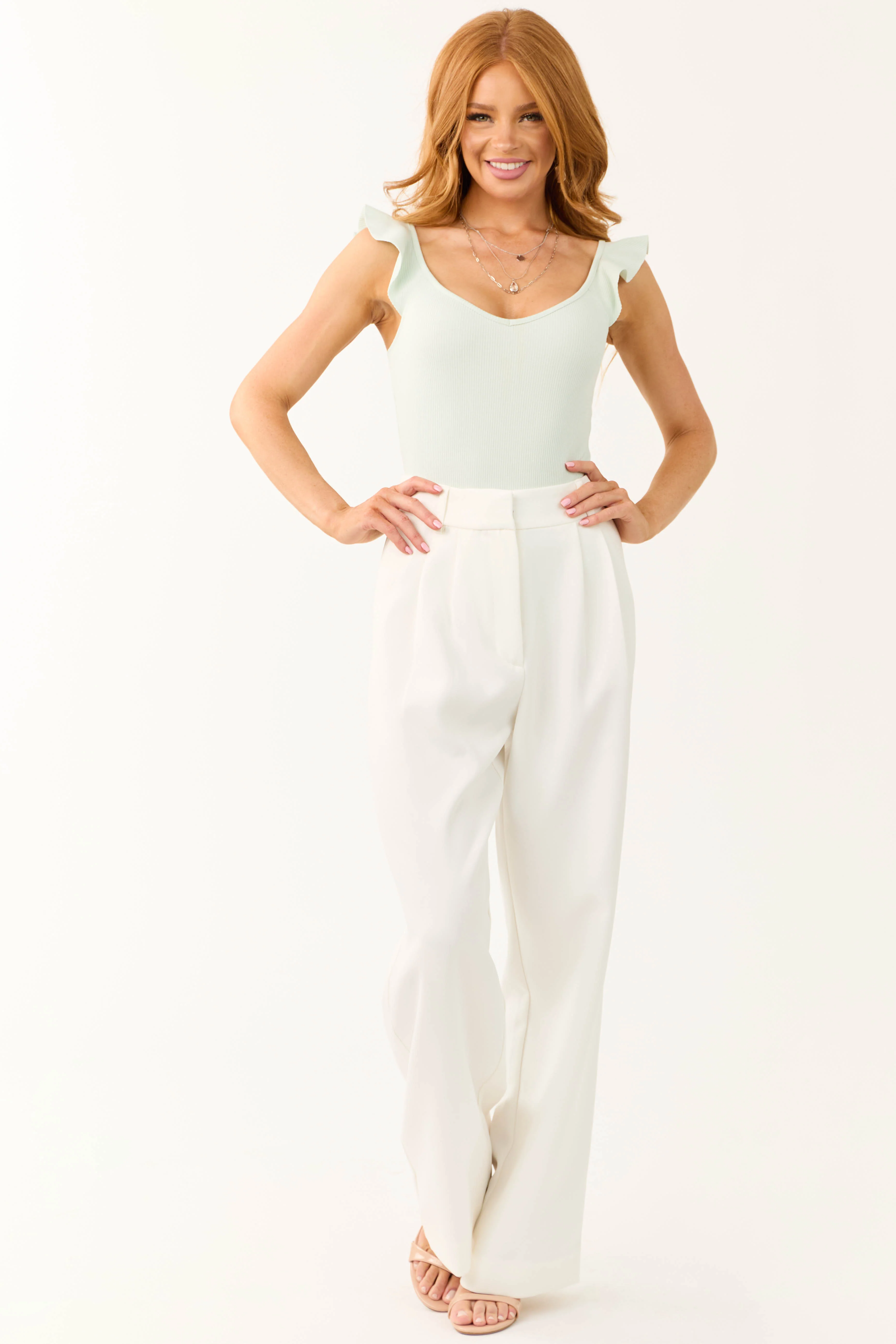 Light Mint Ruffle Cap Sleeve Ribbed Bodysuit - LD SALE