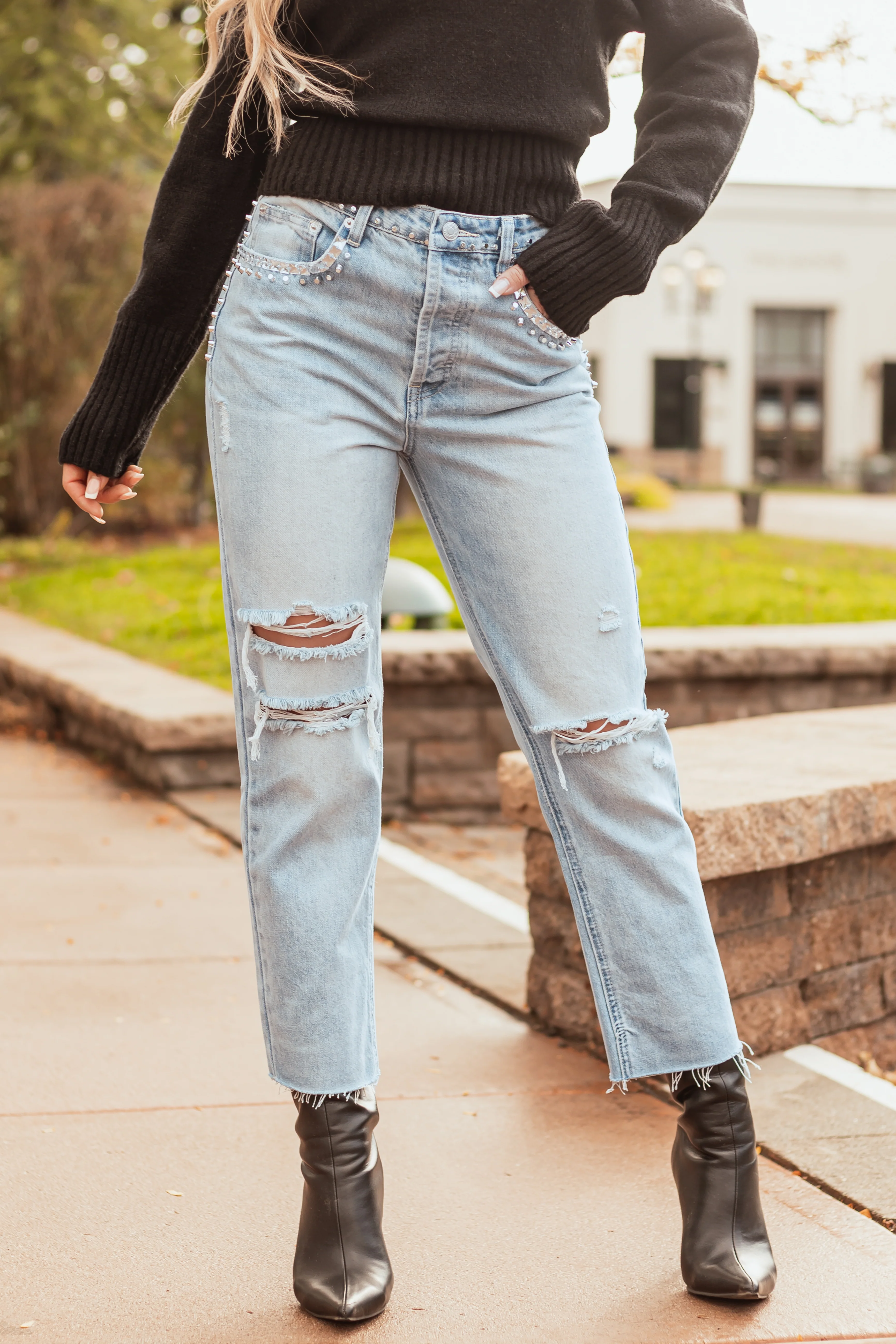 Light Wash Rhinestone Studded Straight Jeans - LD SALE