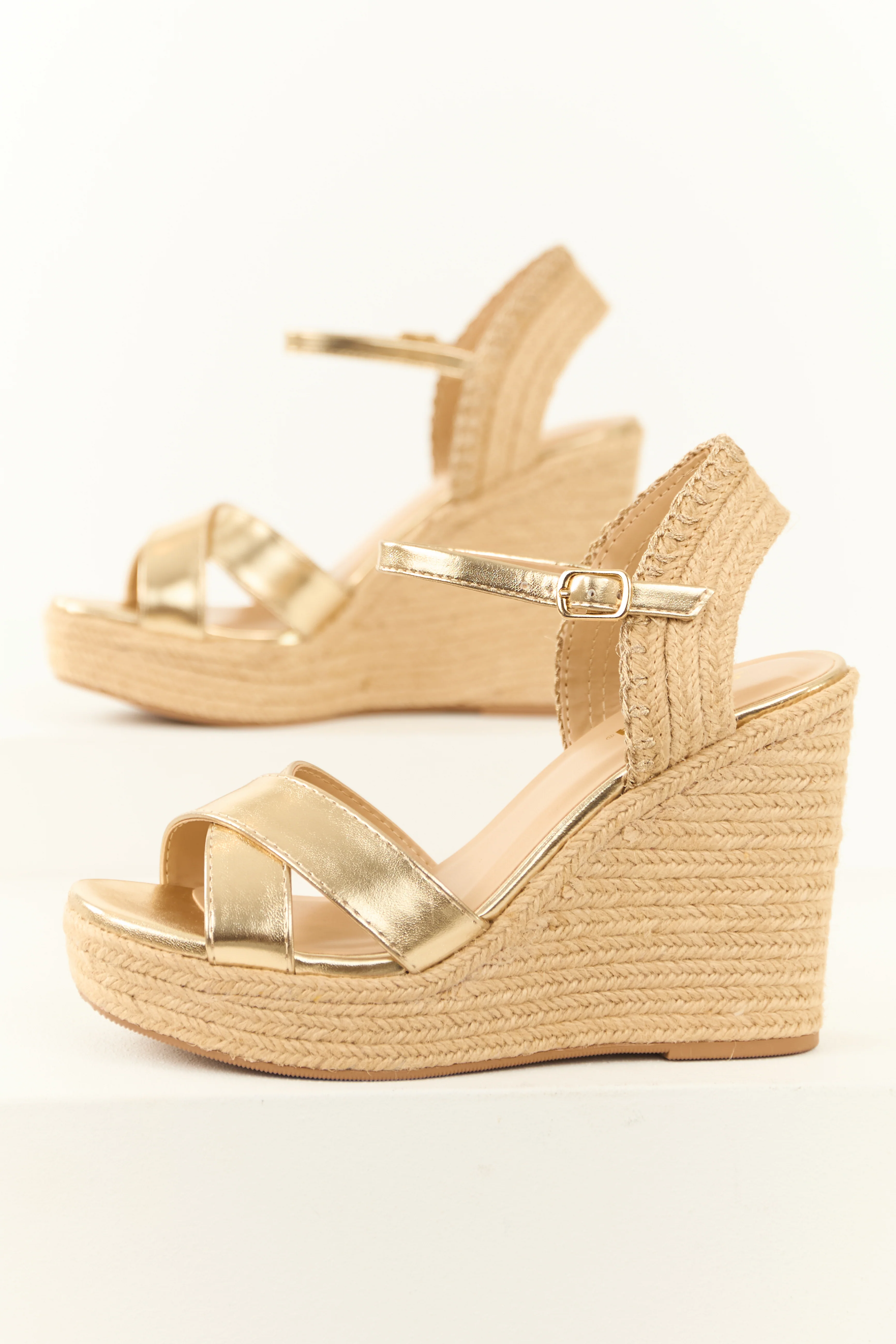 Gold Cross Strap Platform Espadrille Wedges - LD SALE