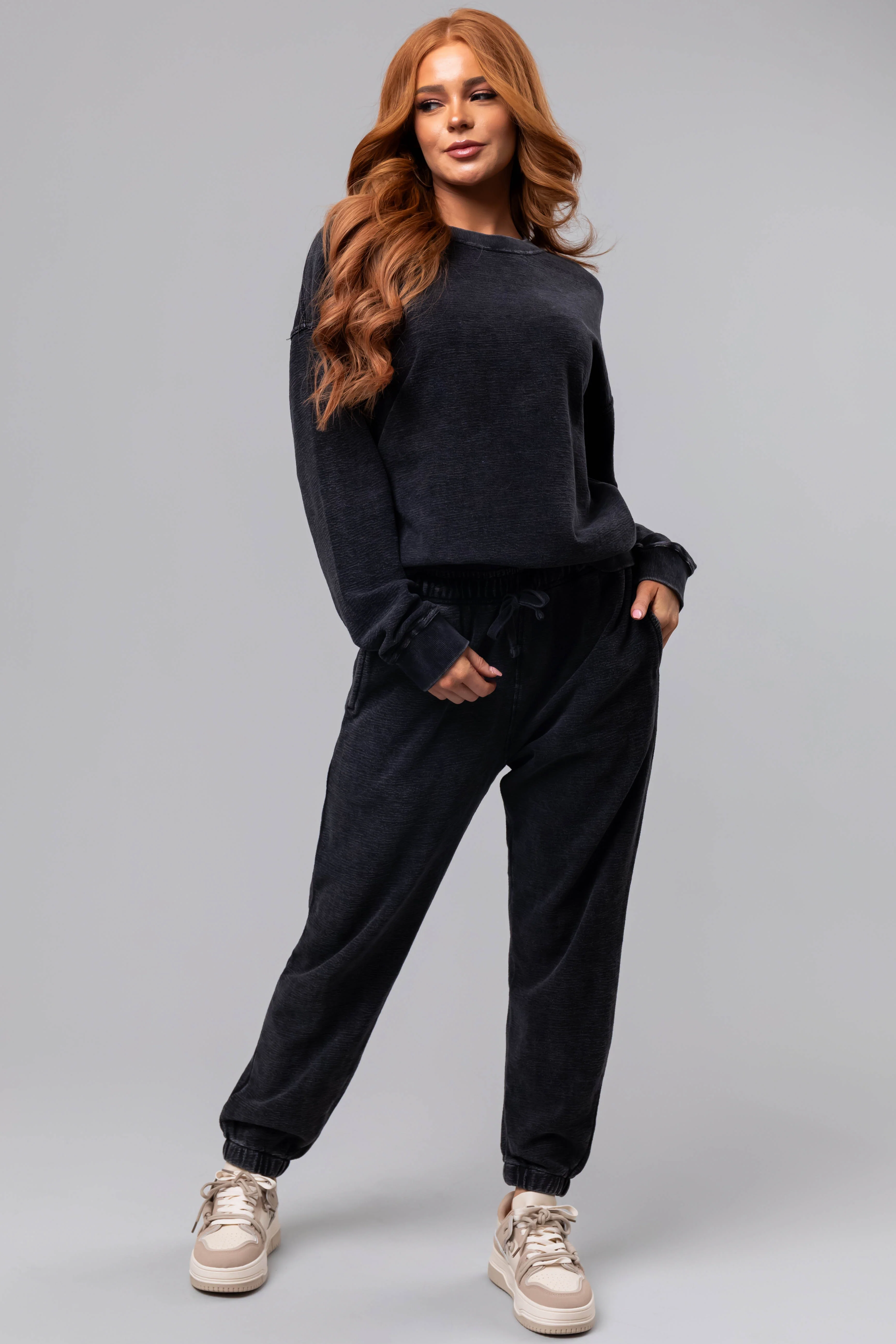 Washed Black Textured Knit Drawstring Joggers - LD SALE