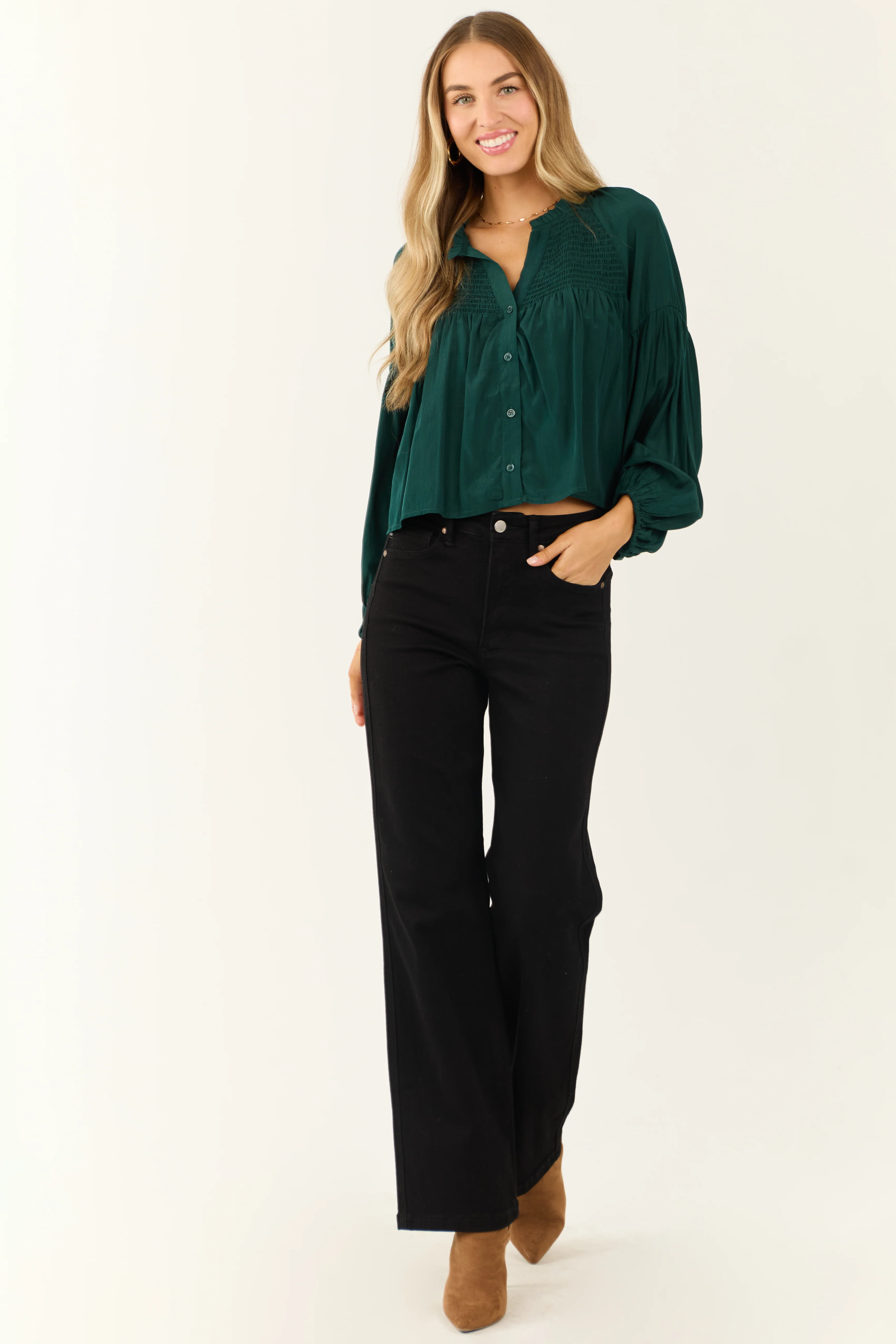 Forest Green Button Up Smocked Yoke Long Sleeve Top - LD SALE