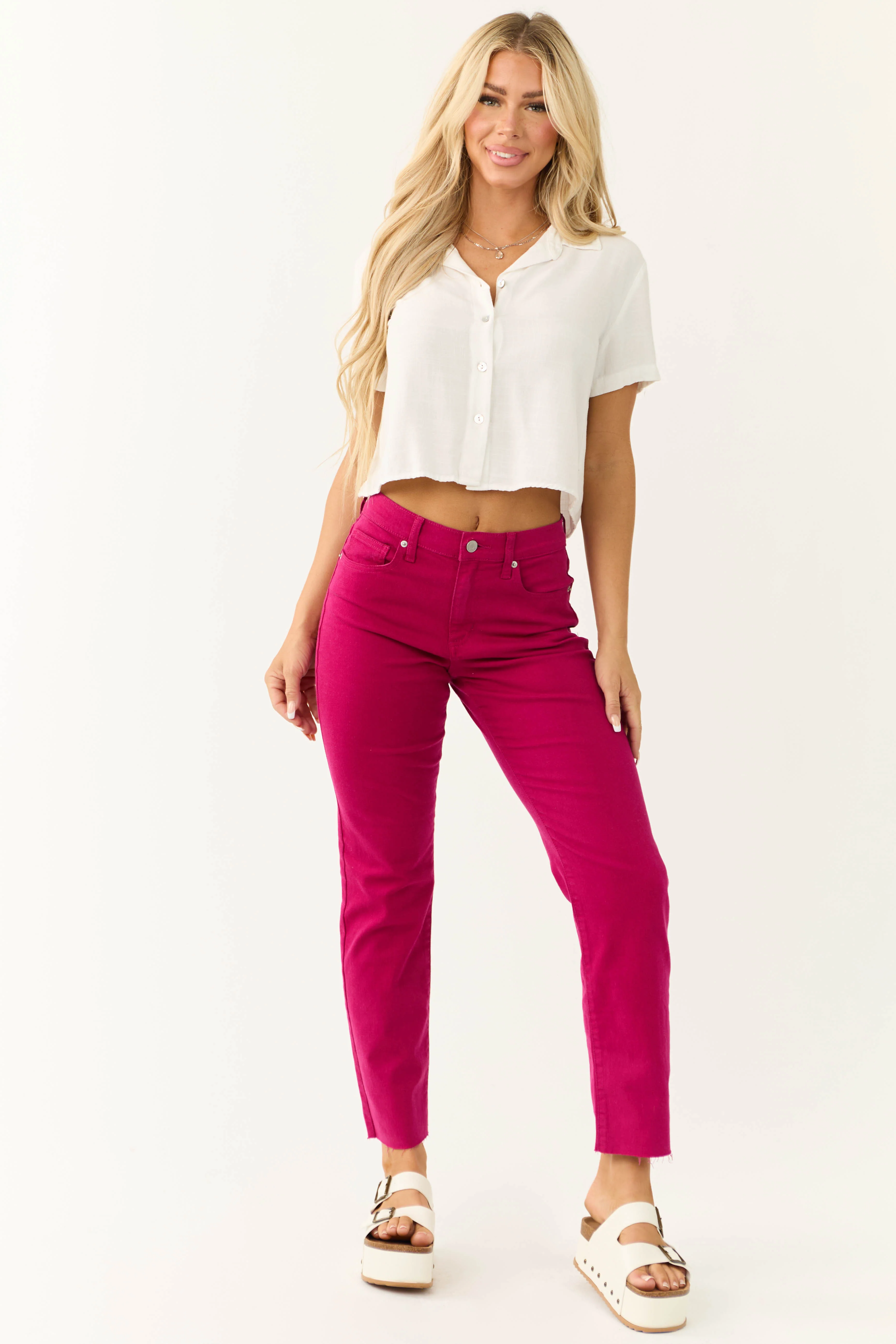 Sneak Peek Raspberry High Rise Raw Hem Jeans - LD SALE