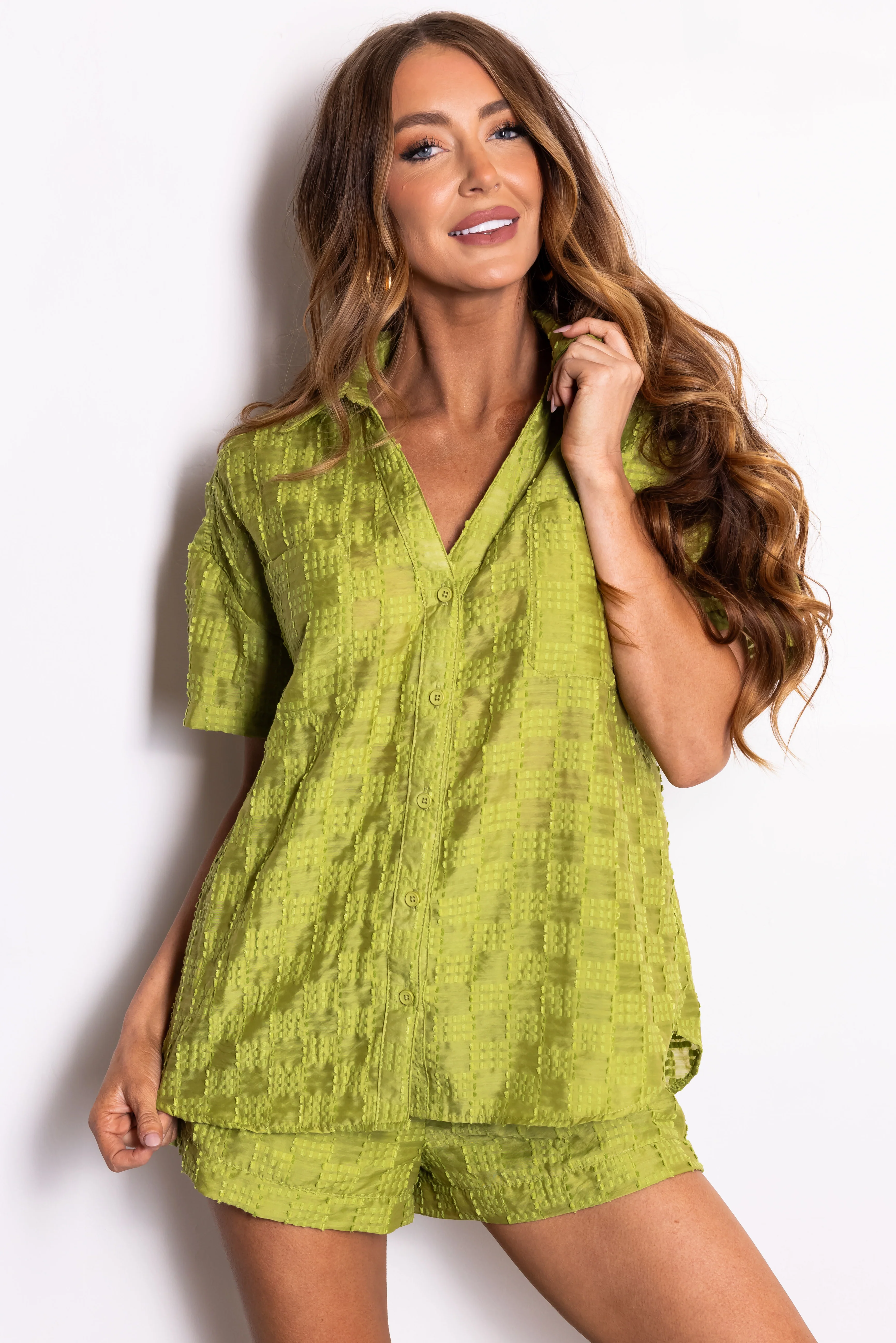 Lime Textured Woven Button Up Top and Shorts Set - LD SALE