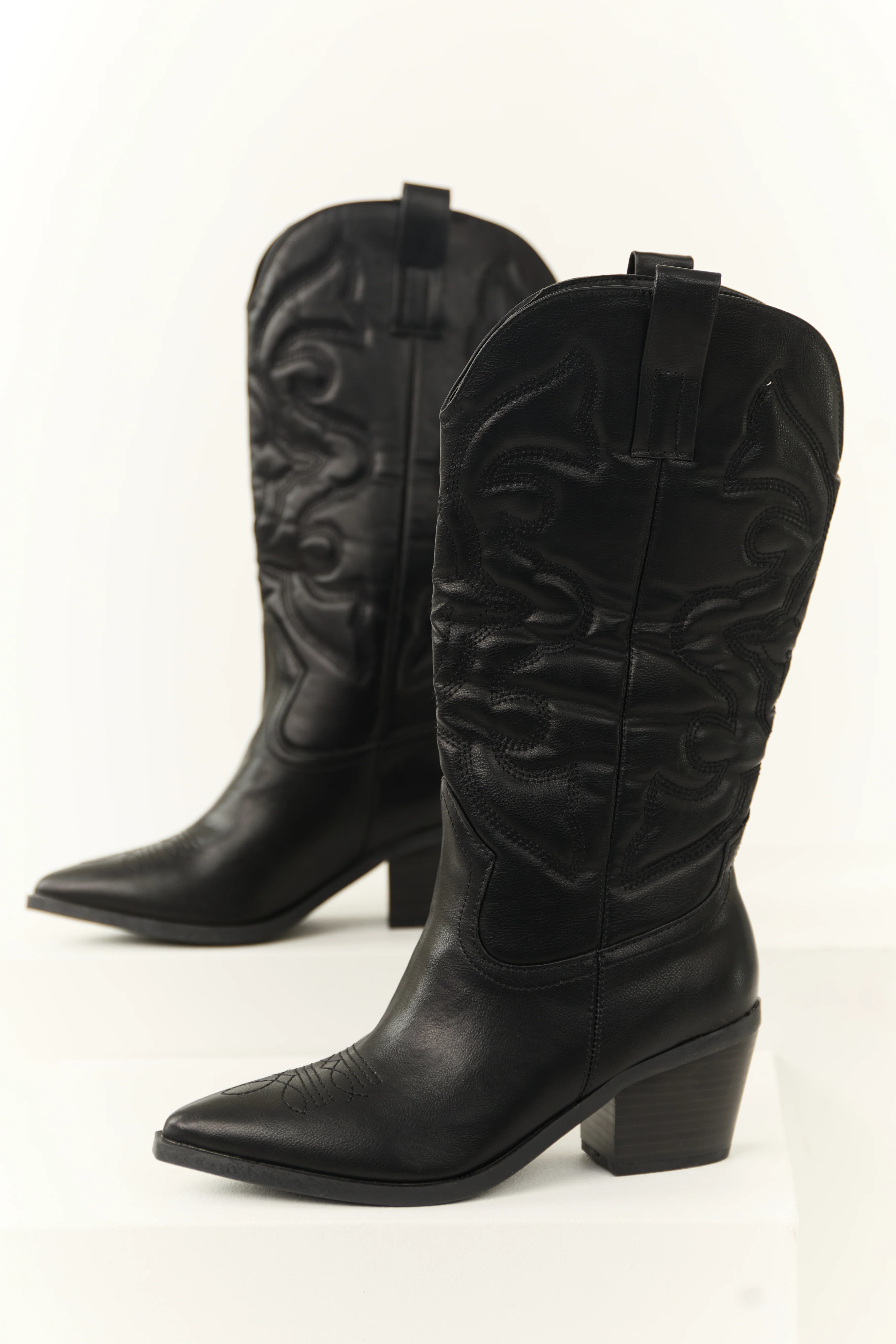 Black Faux Leather Pointed Toe Western Boots - LD SALE