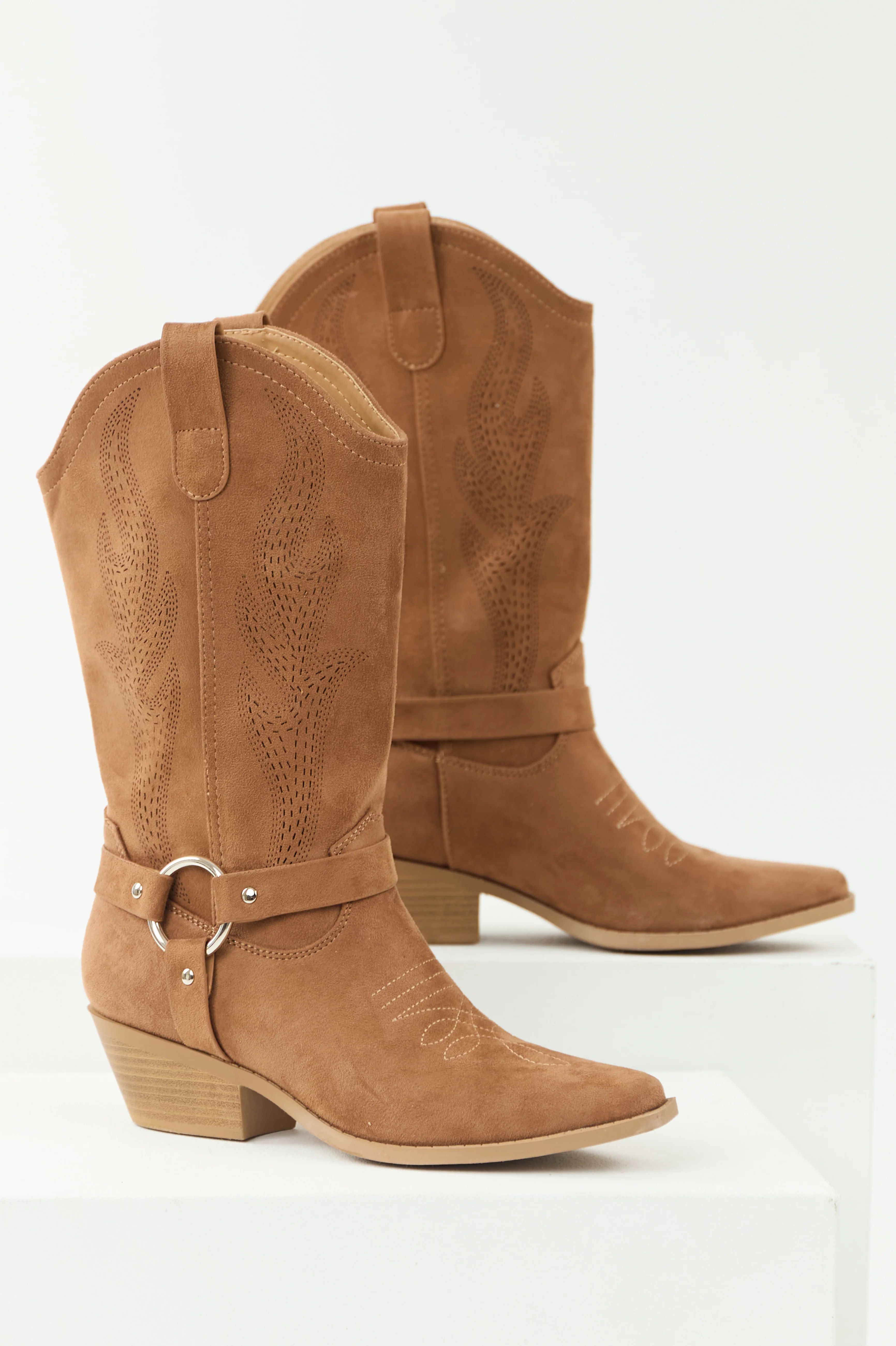 Peanut Embroidered Riding Strap Heeled Boots - LD SALE