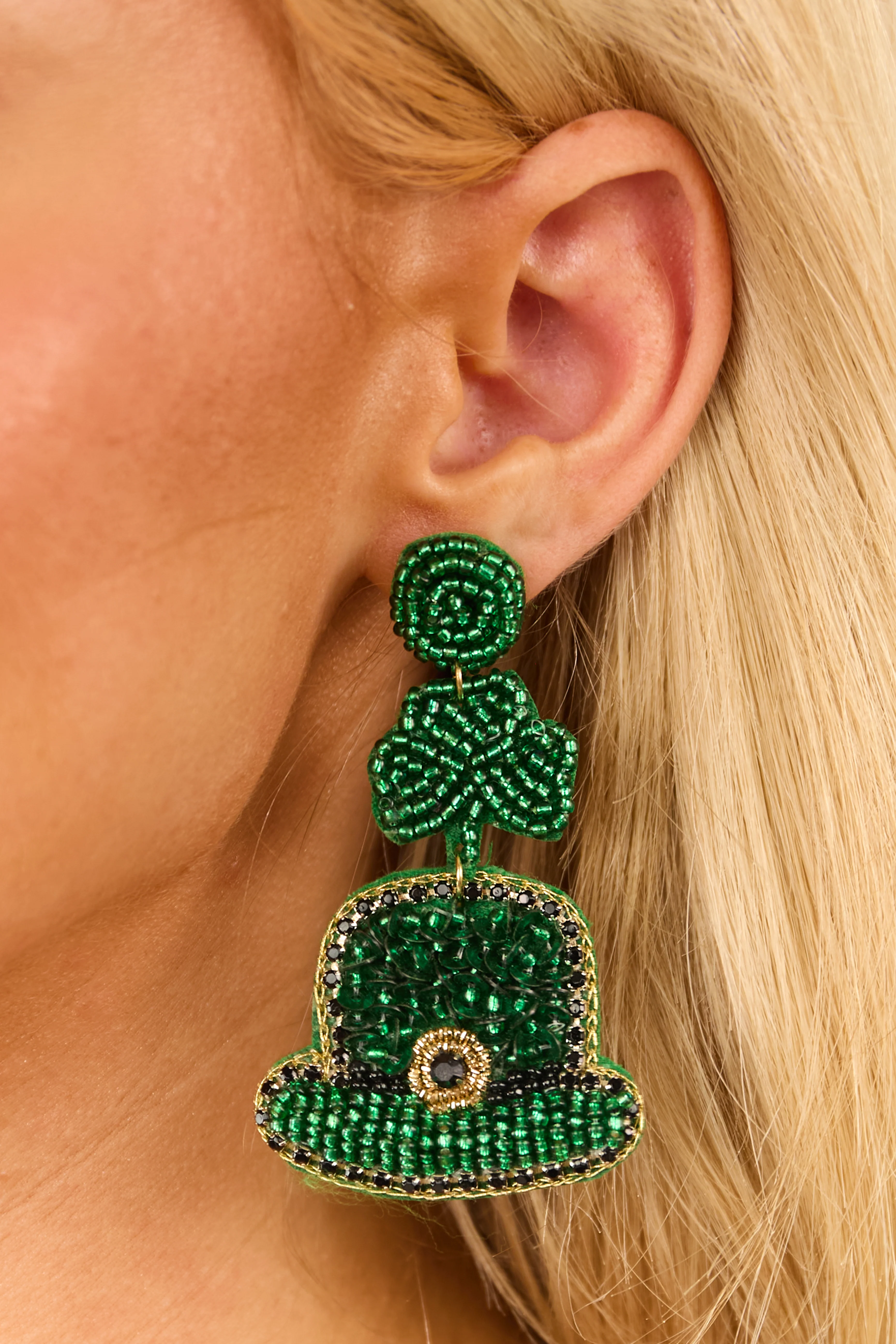 Hunter Green Seed Bead Hat Clover Dangle Earrings - LD SALE