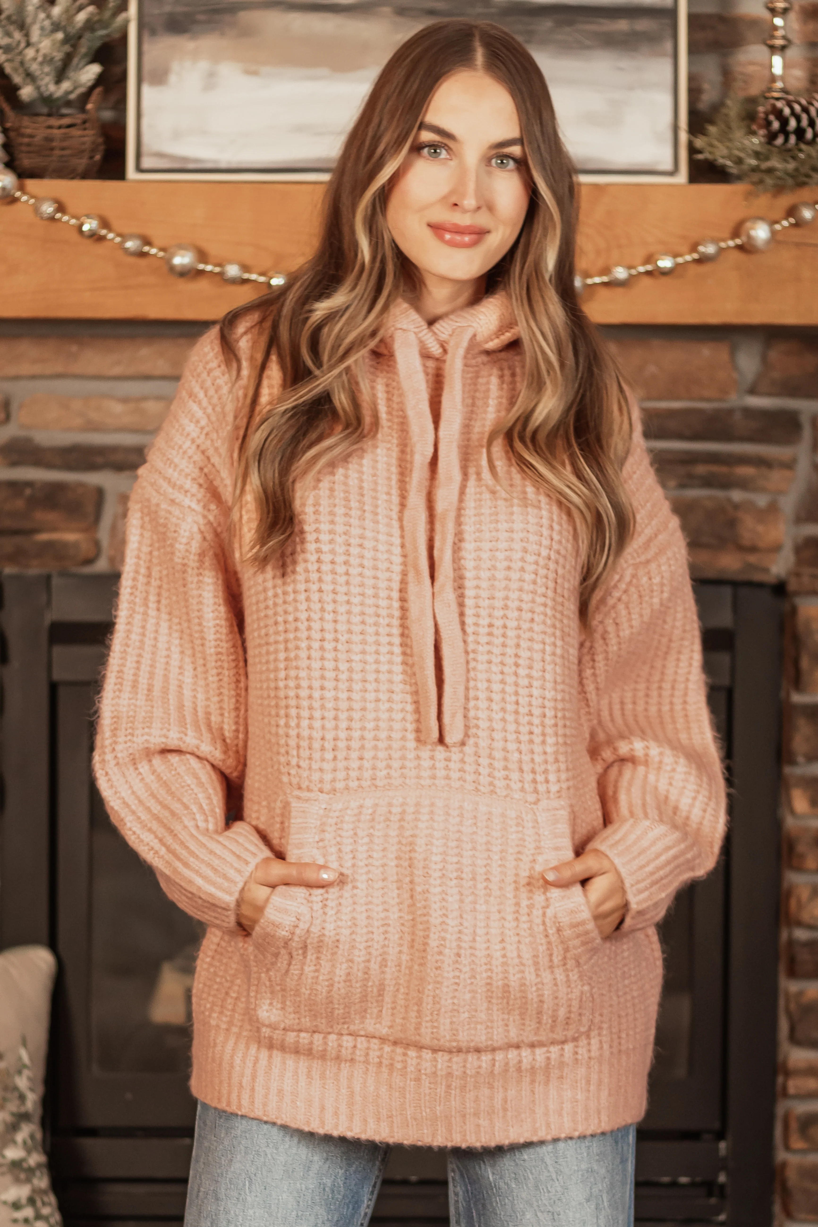 Peach Chunky Soft Knit Oversized Hoodie - LD SALE